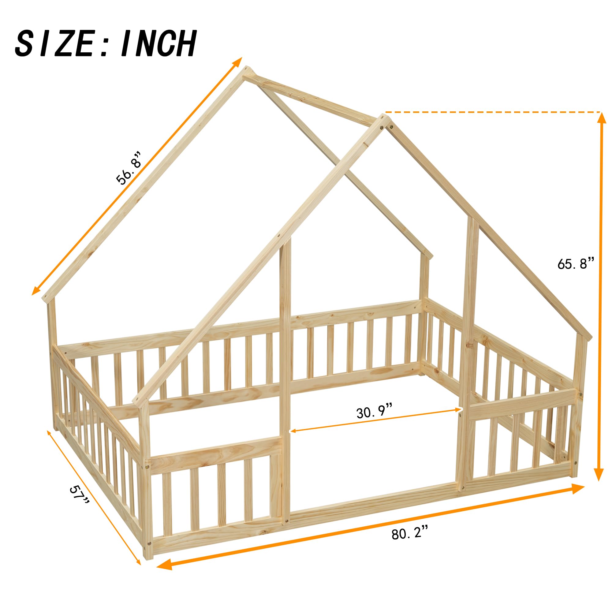 Bellemave Full Size Wooden House Floor Bed for Kids - Montessori Style Playhouse Bed with Safety Fence for Boys & Girls - Natural Wood Toddler Bed for Bedroom, Playroom or Nursery