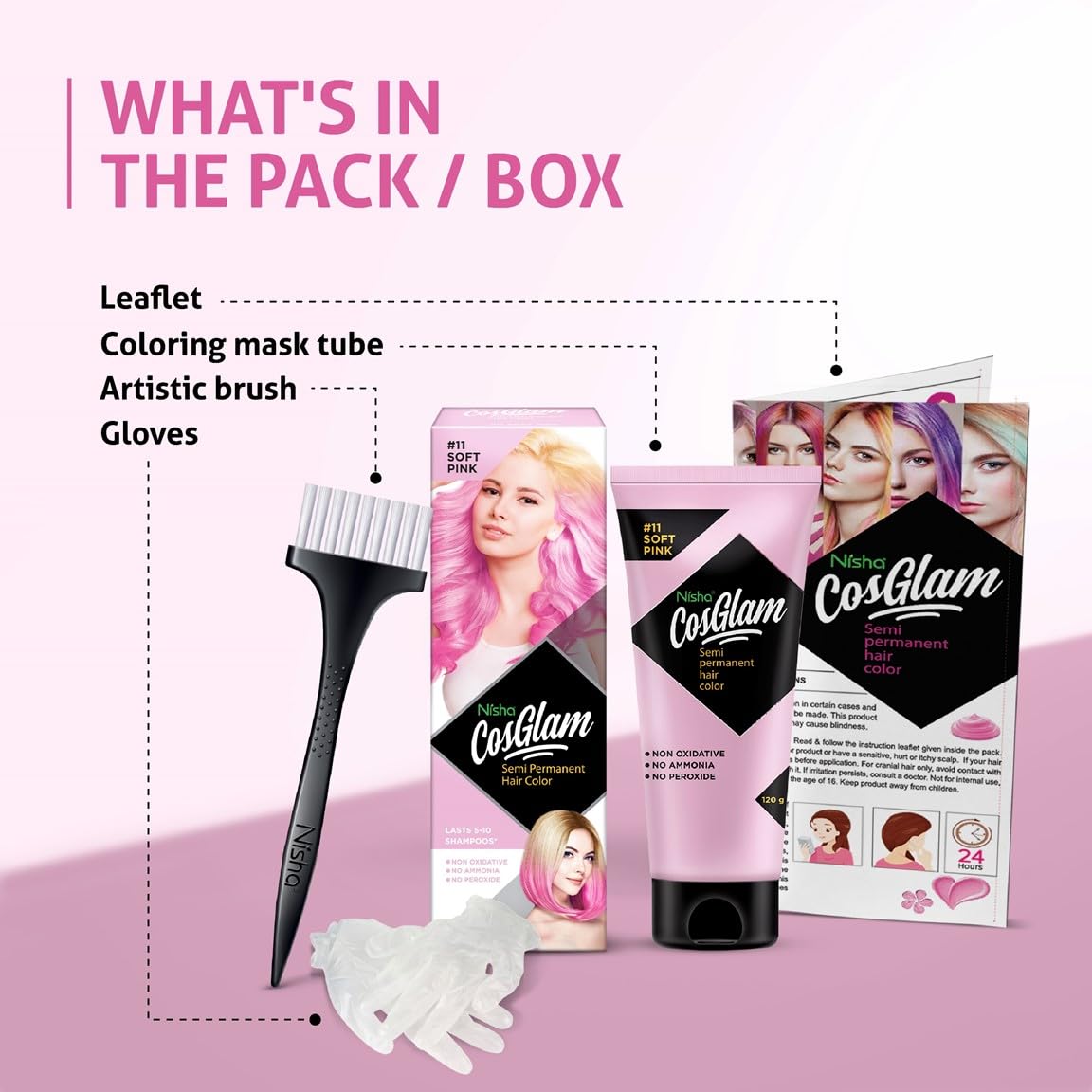 Nisha Cosglam Semi-Permanent Vegan Hair Dye - Ammonia & Peroxide Free Conditioning Color for Men & Women - 120g #11 Soft Pink (Light Pink) - Lasting Glossy Highlights for Everyday Style & Special Occasions