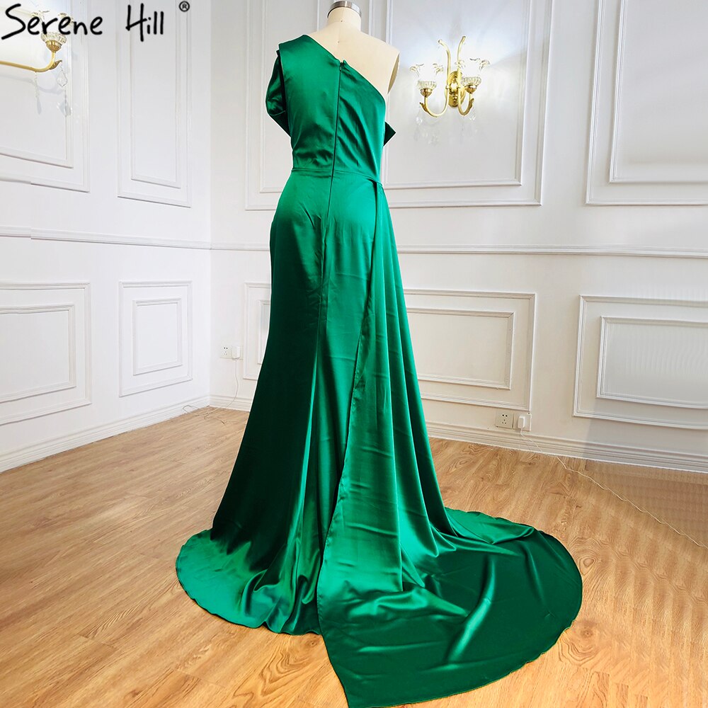 Elegant Green Satin Mermaid Evening Gown with Beaded One Shoulder Design - Women's Formal Party Dress for Prom, Gala & Special Occasions