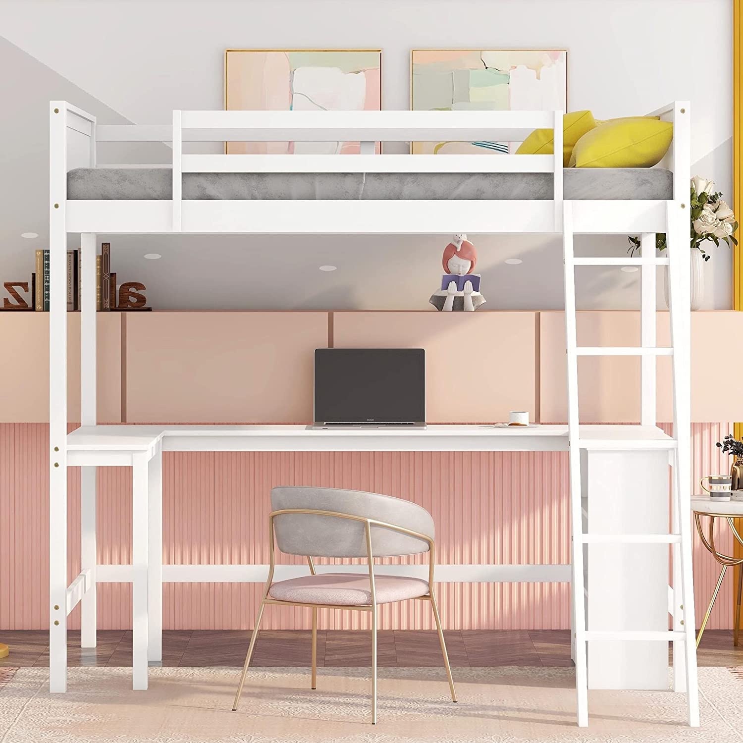 MERITLINE Twin Loft Bed with Study Desk & Storage Shelves - Sturdy Wooden Bunk Bed for Kids, Teens, Boys & Girls - Space-Saving Design (No Box Spring Needed) - Perfect for Small Bedrooms, Dorm Rooms & Kids' Study Areas (Twin Size, White Finish)