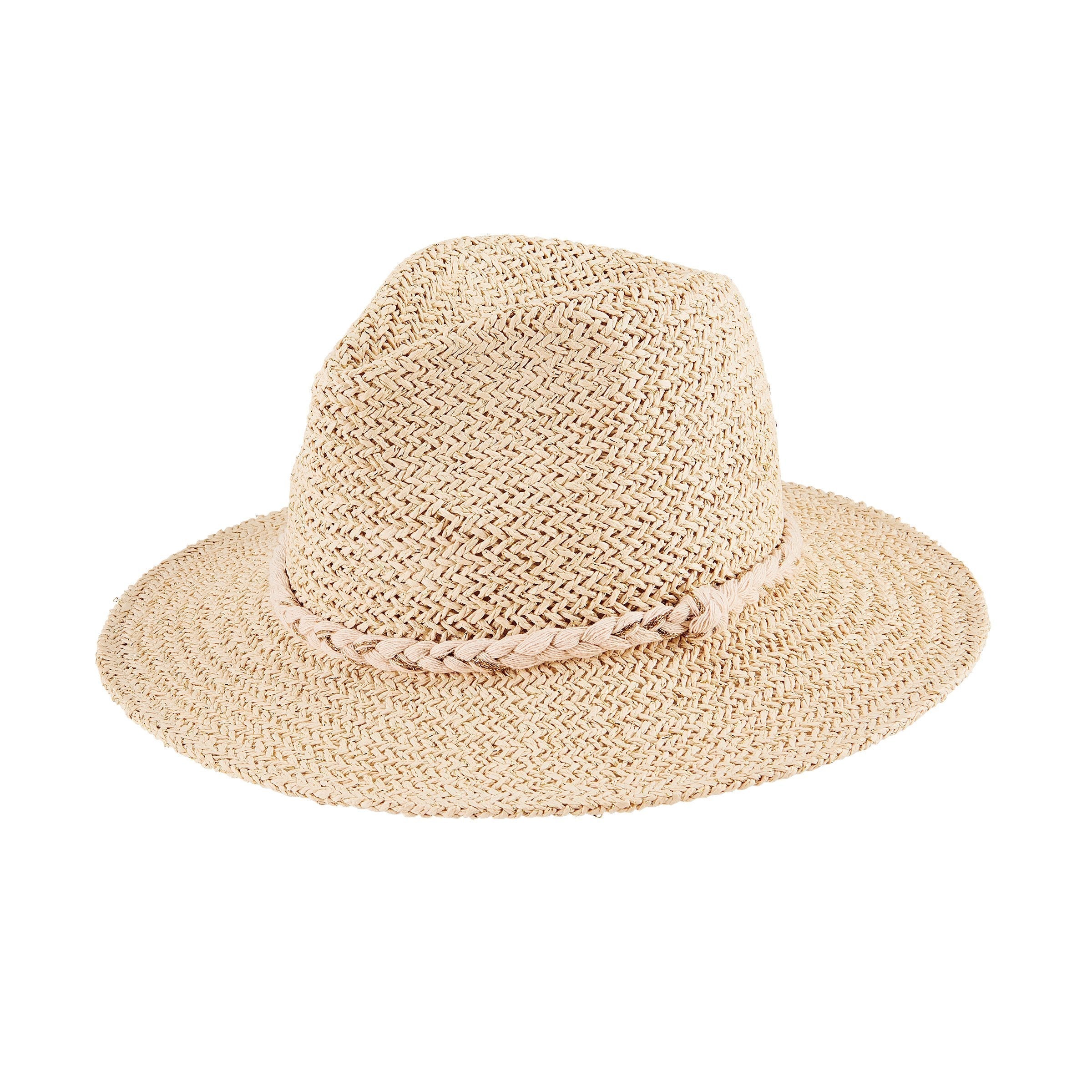 Women's Woven Shimmer Fedora Hat with Braided Band - Stylish Sun Hat for Outdoor, Beach & Summer Fashion (PBF7352)