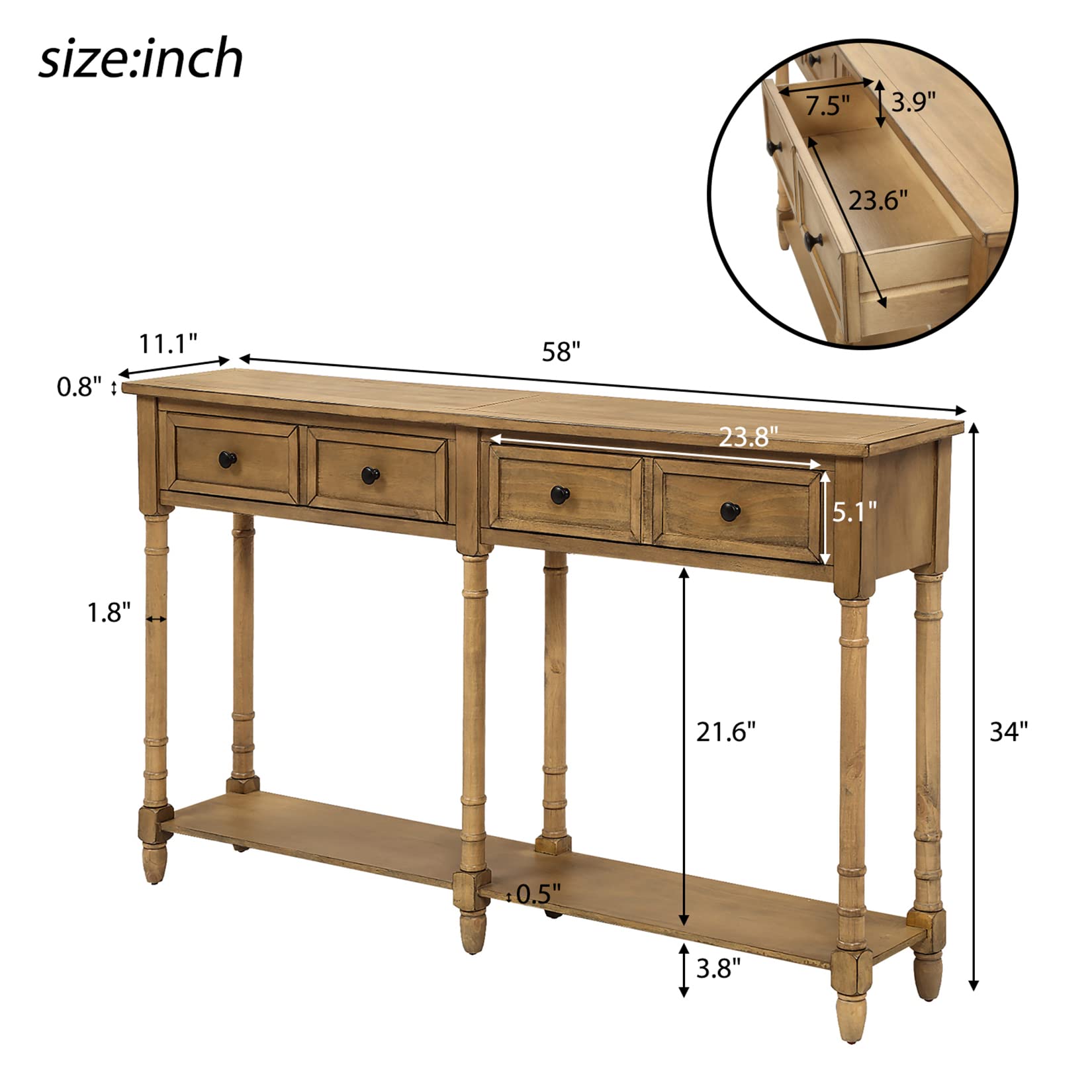 58 Inch Console Table Sofa Table with 2 Storage Drawers & Bottom Shelf - Easy Assembly for Living Room, Entryway, Hallway - Rustic Old Pine Finish Home Decor