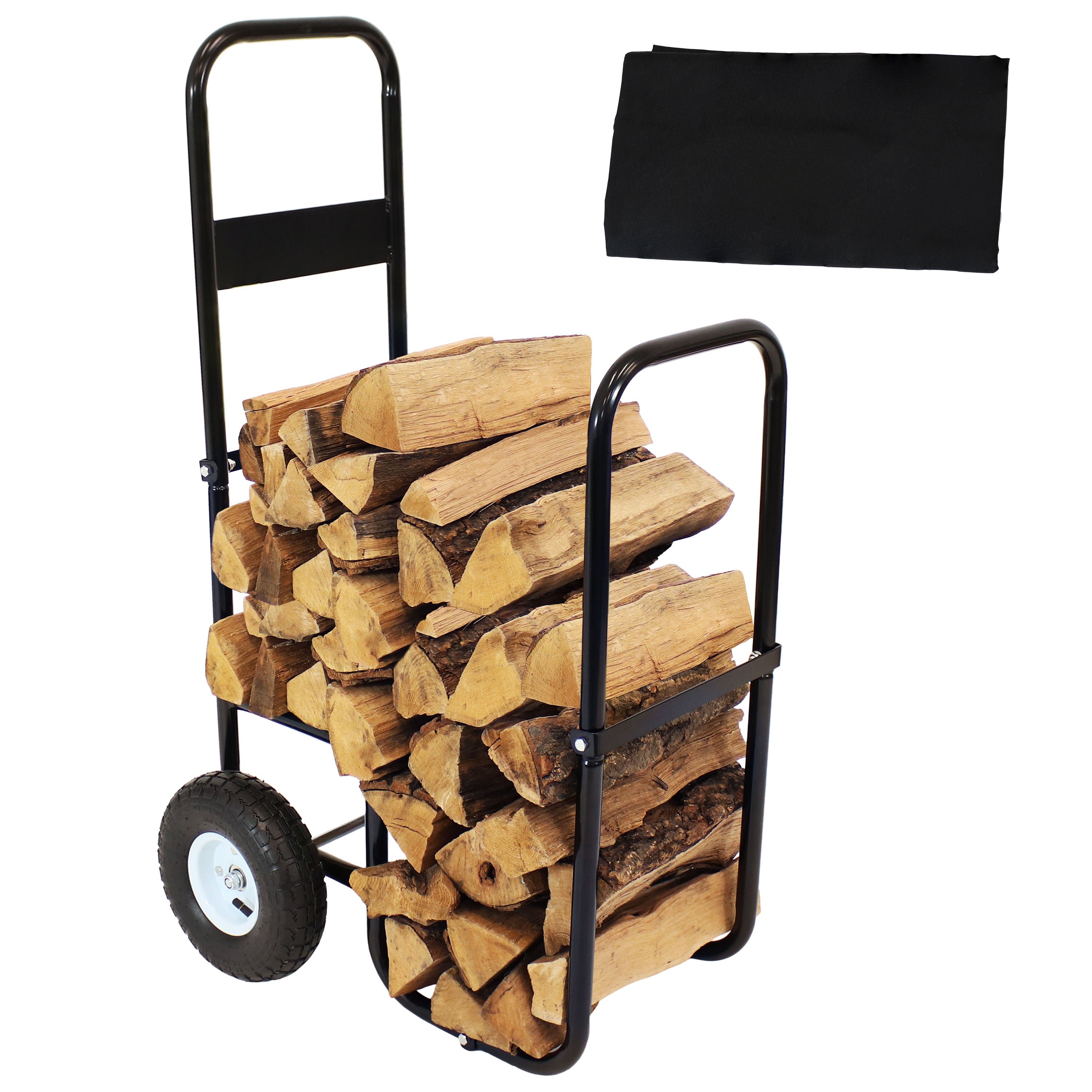 Heavy Duty Firewood Log Cart with Wheels & Cover - Outdoor Wood Storage Rack for Fireplace, Camping & Backyard - Durable Steel Utility Cart for Easy Transport