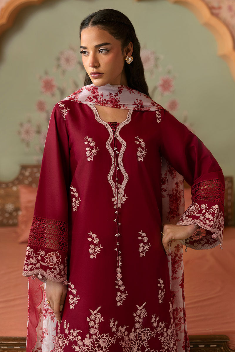 Stylish Crimson Red 3-Piece Printed Lawn Suit for Women | Breathable Summer Outfit | Perfect for Weddings, Parties & Casual Wear