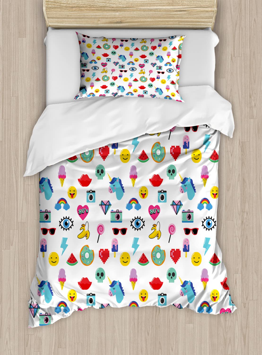 Ambesonne Emoticon Duvet Cover Set - Pop Art Cartoon Unicorn Watermelon Banana Pixel Heart Design, 2-Piece King Size Bedding Set with 4 Pillowcases in Rainbow Colors | Fun Teen Bedroom Decor, College Dorm Essentials, Unique Gift for Kids & Adults