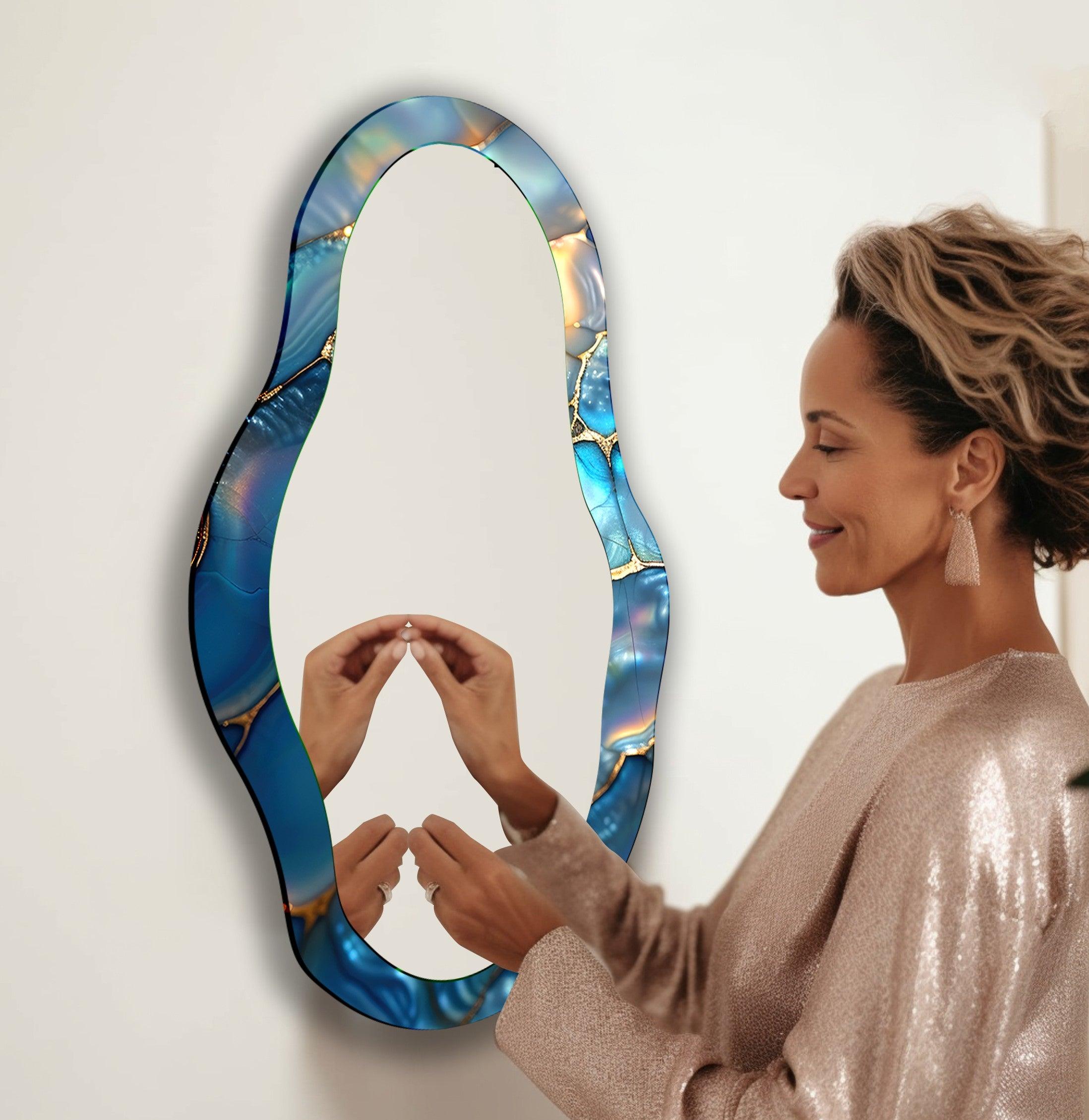 Blue Metallic Asymmetrical Wall Mirror - Modern Decorative Mirror for Living Room, Bedroom & Entryway - Unique Home Decor Accent Piece