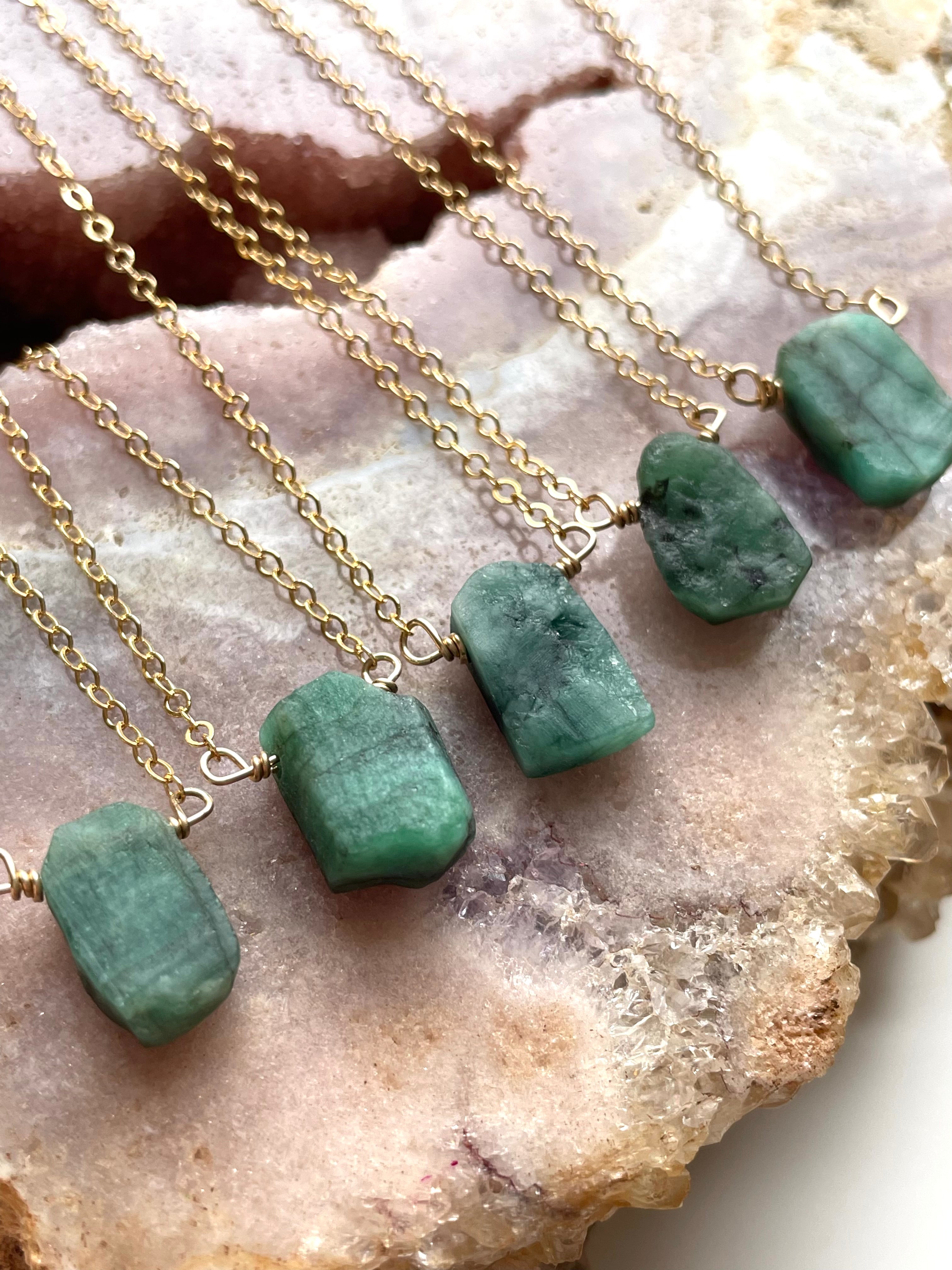 Natural Raw Emerald Pendant Necklace - 14K Gold Filled or 925 Sterling Silver Chain - Boho Chic Jewelry for Women, Gift for Her, Birthday & Anniversary Present