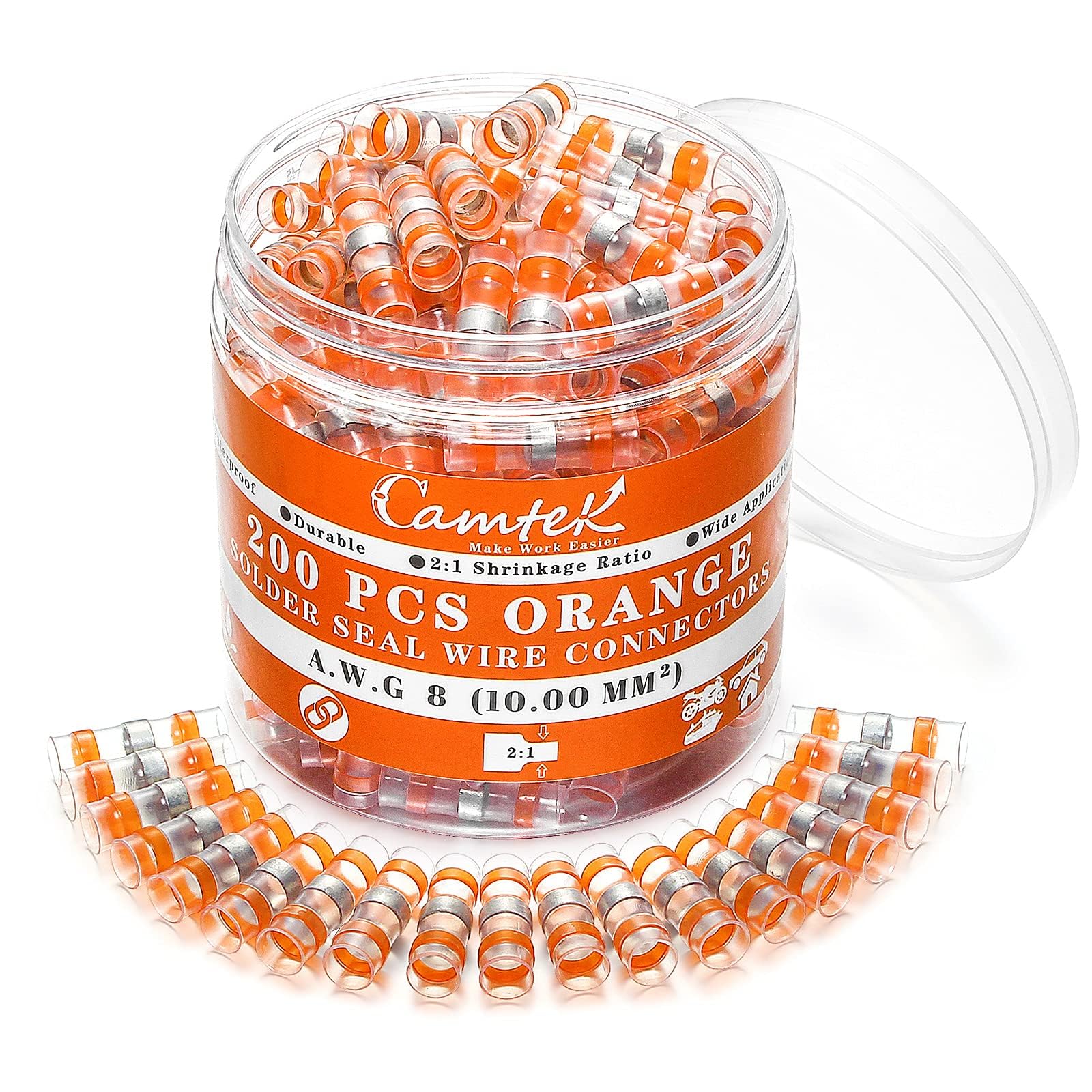 200PCS Marine Grade Self-Soldering Heat Shrink Wire Connectors - 8 AWG Waterproof Insulated Electrical Butt Splice Terminals for Automotive, Boat & Truck Wiring - Ideal for Marine, RV and Outdoor Electrical Repairs