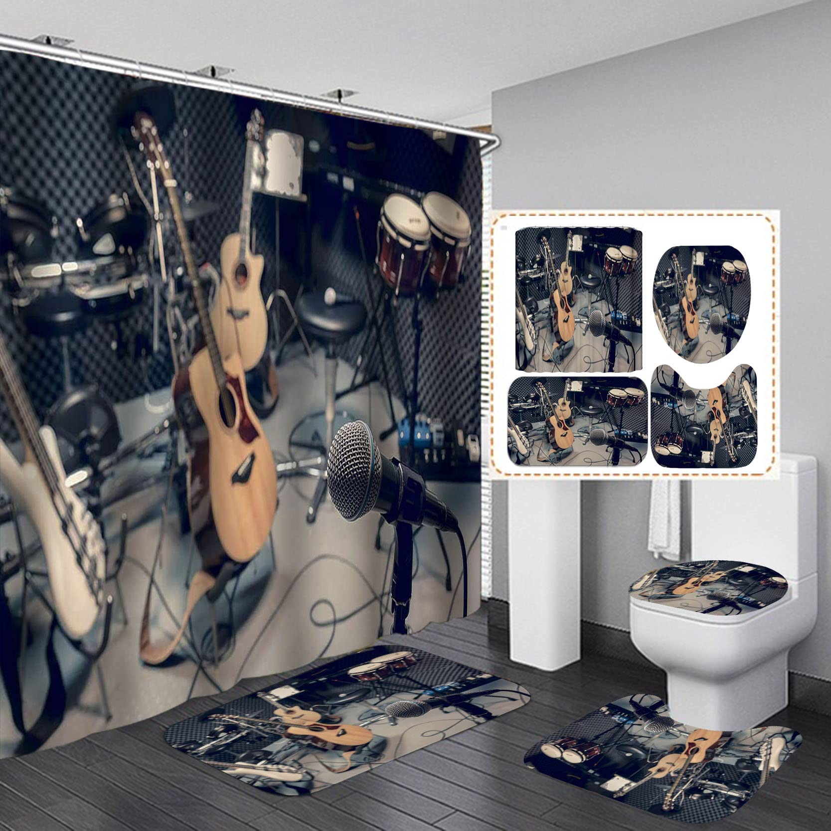 OLEBETY 4-Piece Pop Music Shower Curtain Set with Electric Guitar, Drums & Microphone Design - Waterproof Fabric Bathroom Decor for Band Theme - Includes Non-Slip Bath Mat - Perfect for Music Lovers' Bathroom & Teen Room Decor