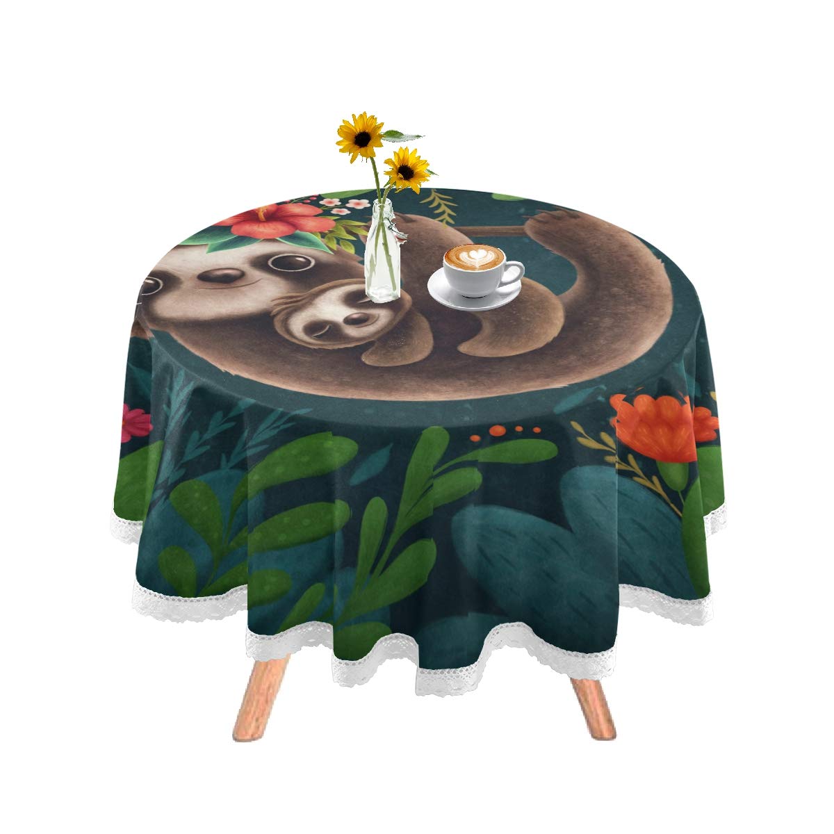 DOMIKING 60 Inch Round Tablecloth - Cute Sloths Design Washable Polyester Table Cover for Holiday Dinners, Parties & Family Gatherings - Perfect for Dining Room Decor, Birthday Celebrations & Outdoor Picnics