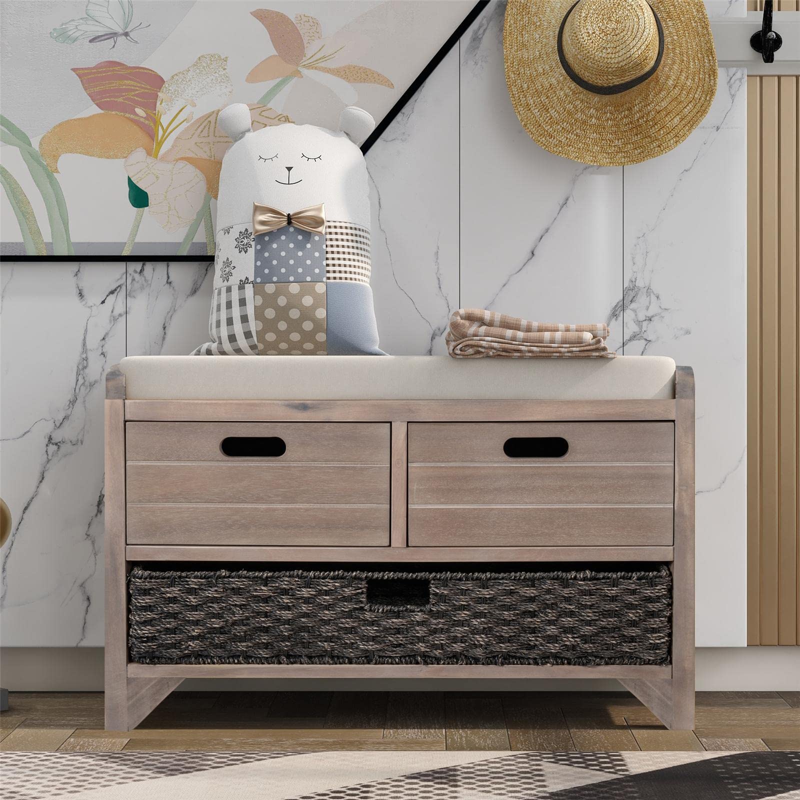 JINS&VICO Storage Bench with Removable Basket & 2 Drawers, Entryway Shoe Bench with Cushion - Fully Assembled White Washed for Hallway, Living Room & Bedroom Organization