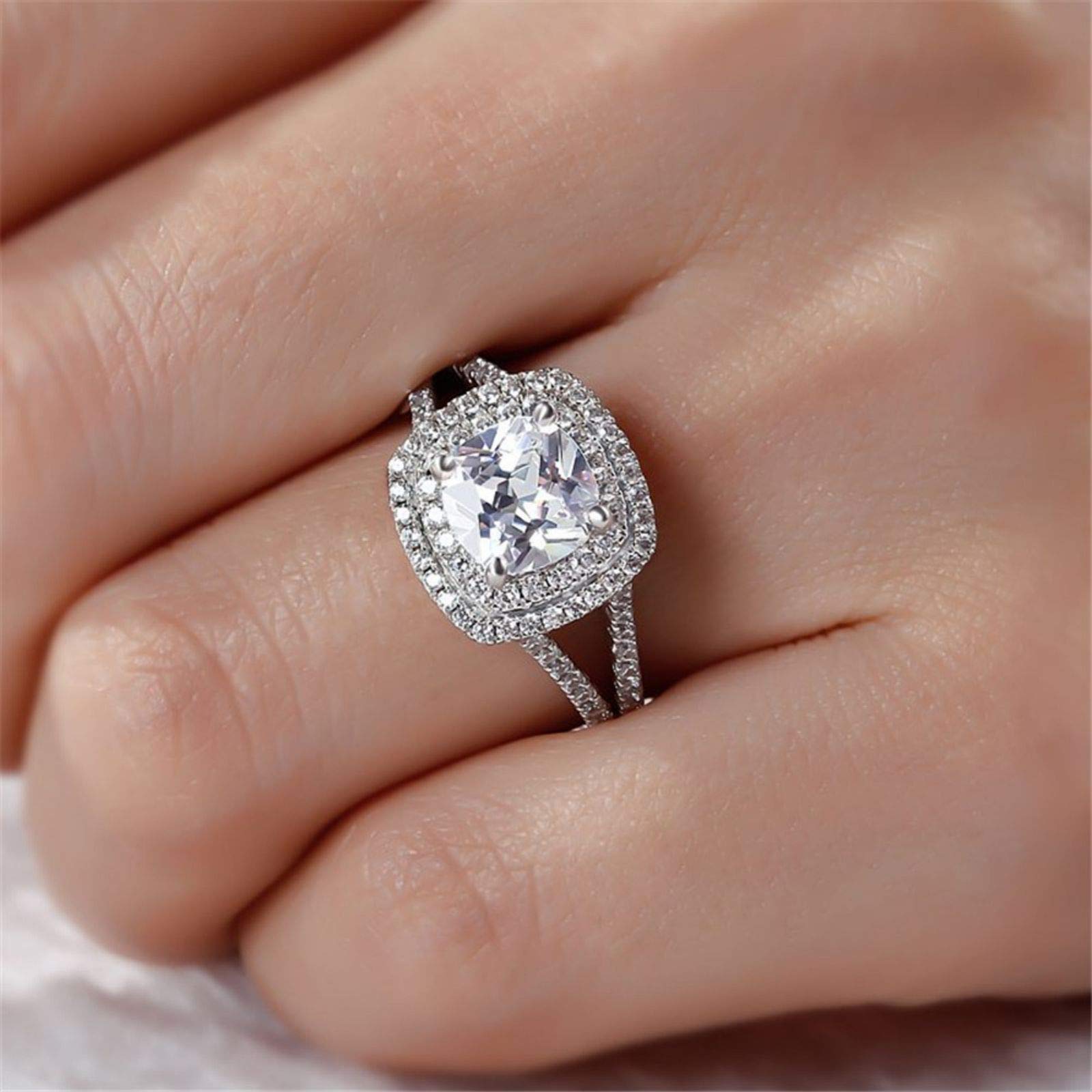 Jeulia 925 Sterling Silver Women's Diamond Band Ring - Halo Split Shank Cushion Cut Wedding Engagement Ring Set for Anniversary, Promise & Bridal Jewelry | Perfect for Proposals, Vow Renewals & Special Occasions