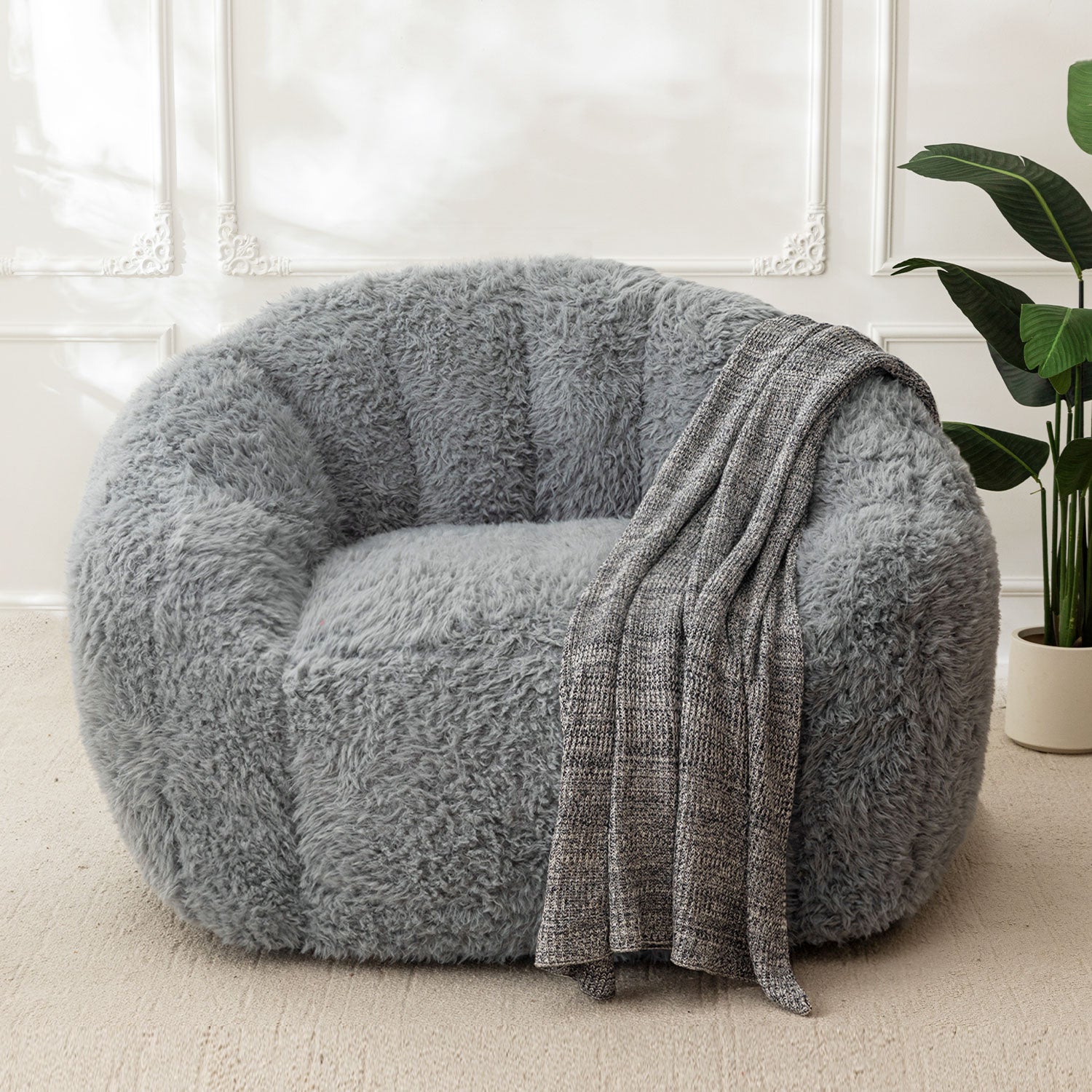 MAXYOYO Giant Bean Bag Chair - Fluffy Shaggy Floor Sofa with Shell Design for Ultimate Comfort, Grey - Perfect for Living Room, Bedroom, Game Room & Dorm Relaxation
