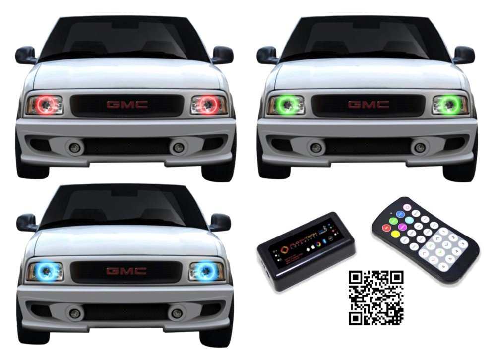 Flashtech LED RGB Multi-Color Halo Ring Headlight Kit with ColorFuse Technology - Bluetooth & RF Remote Control, Smartphone APP Compatible - Fits GMC Sonoma 1994-1997 Models | Upgrade Your Truck Lighting for Night Driving & Custom Car Shows