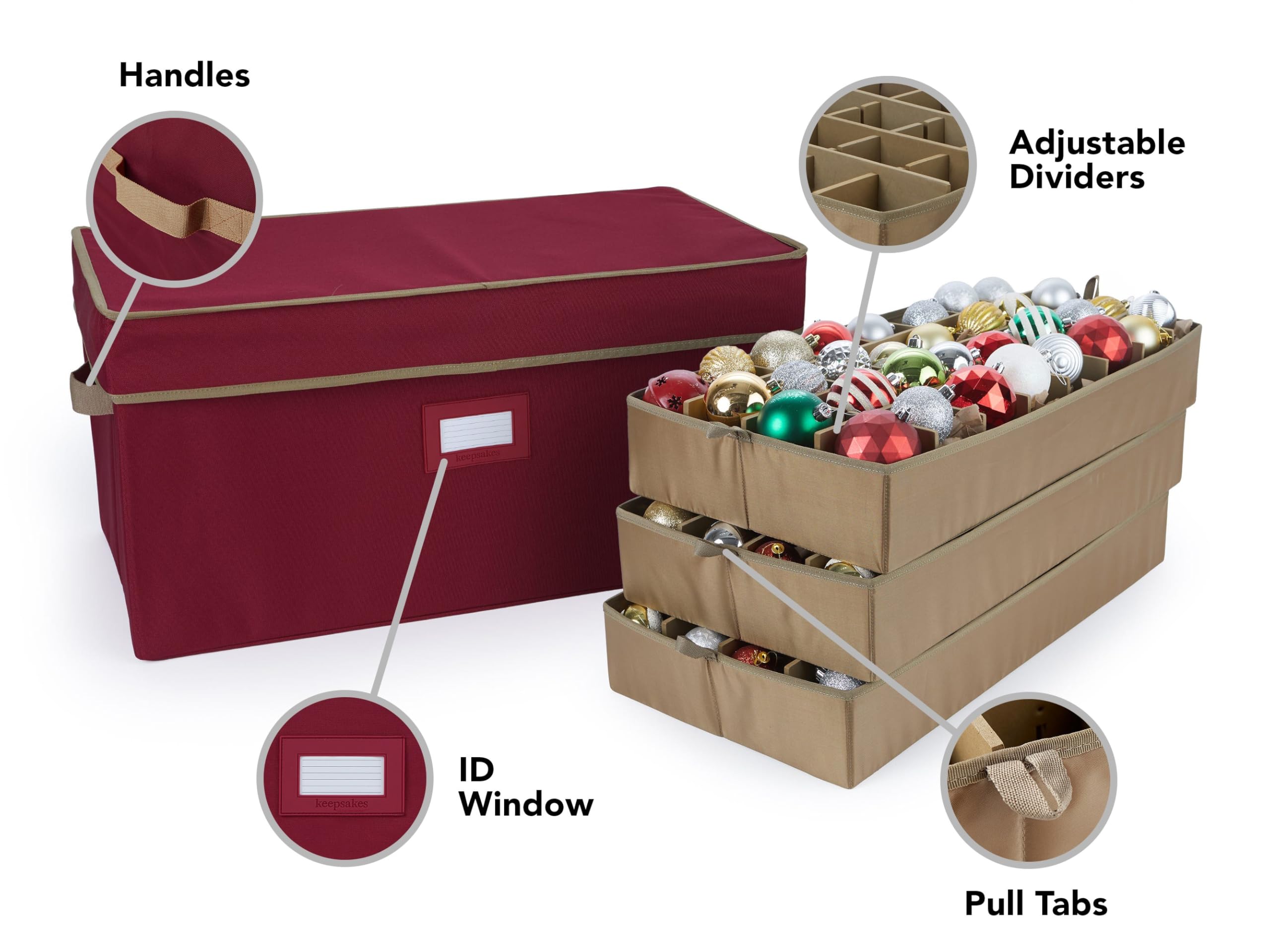 Covermates Keepsakes Adjustable Ornament Storage Box with Carrying Handles & Padded Protection - Holiday Decor Organizer for Christmas Tree Ornaments, Wreaths & Seasonal Decorations (Red)