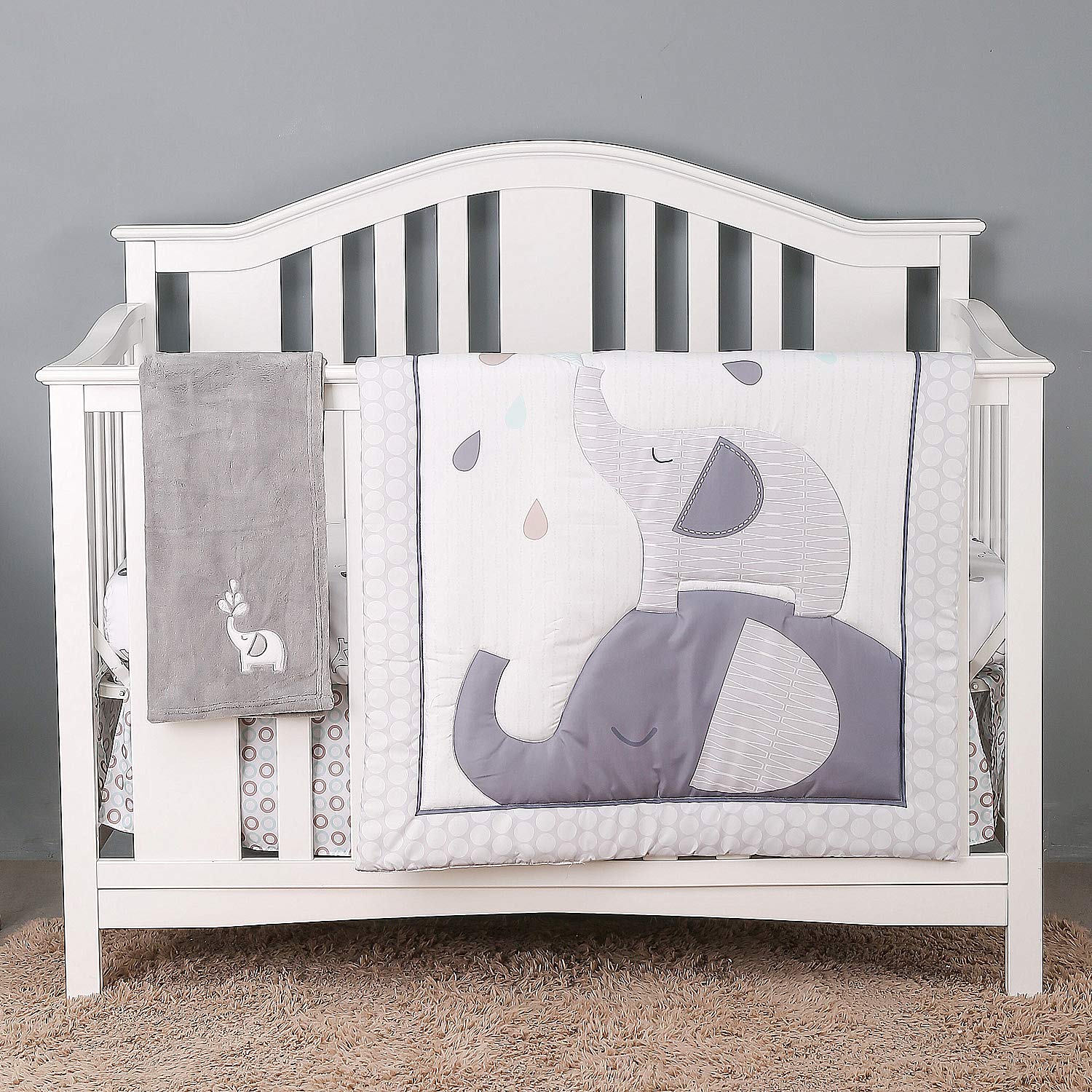 4-Piece Elephant Nursery Bedding Set for Baby Boys - Soft Microfiber Crib Comforter, Fitted Sheet, Dust Ruffle & Blanket in Grey with Embroidered Design | Perfect for Toddler Bedrooms, Baby Showers & Cozy Nursery Decor