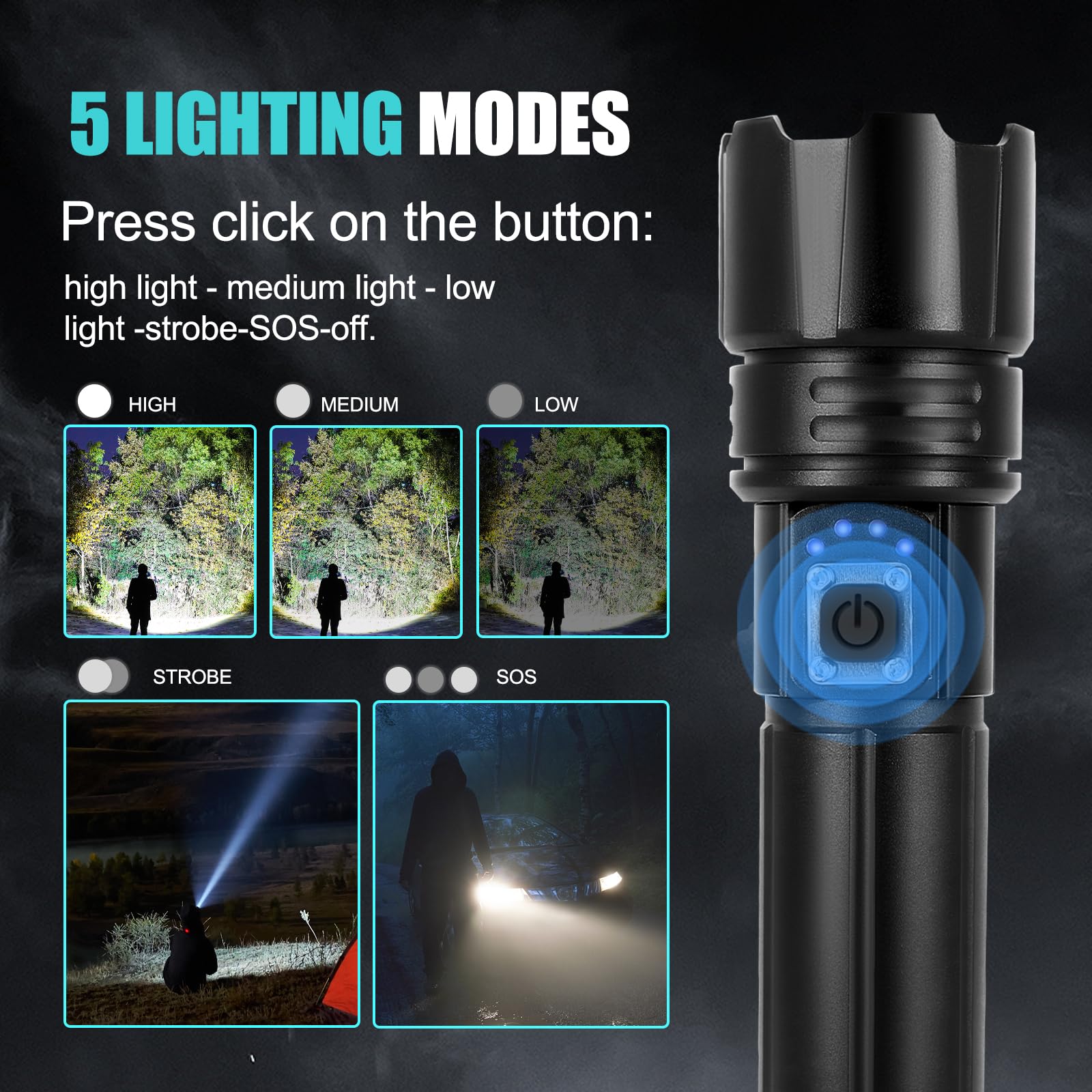 JNGKE 15000 Lumens Rechargeable LED Flashlight - Super Bright Tactical Flashlight with 5 Modes & Zoomable Beam - Waterproof Handheld Light for Camping, Hiking, Emergency, Dog Walking, Power Outages & Outdoor Adventures