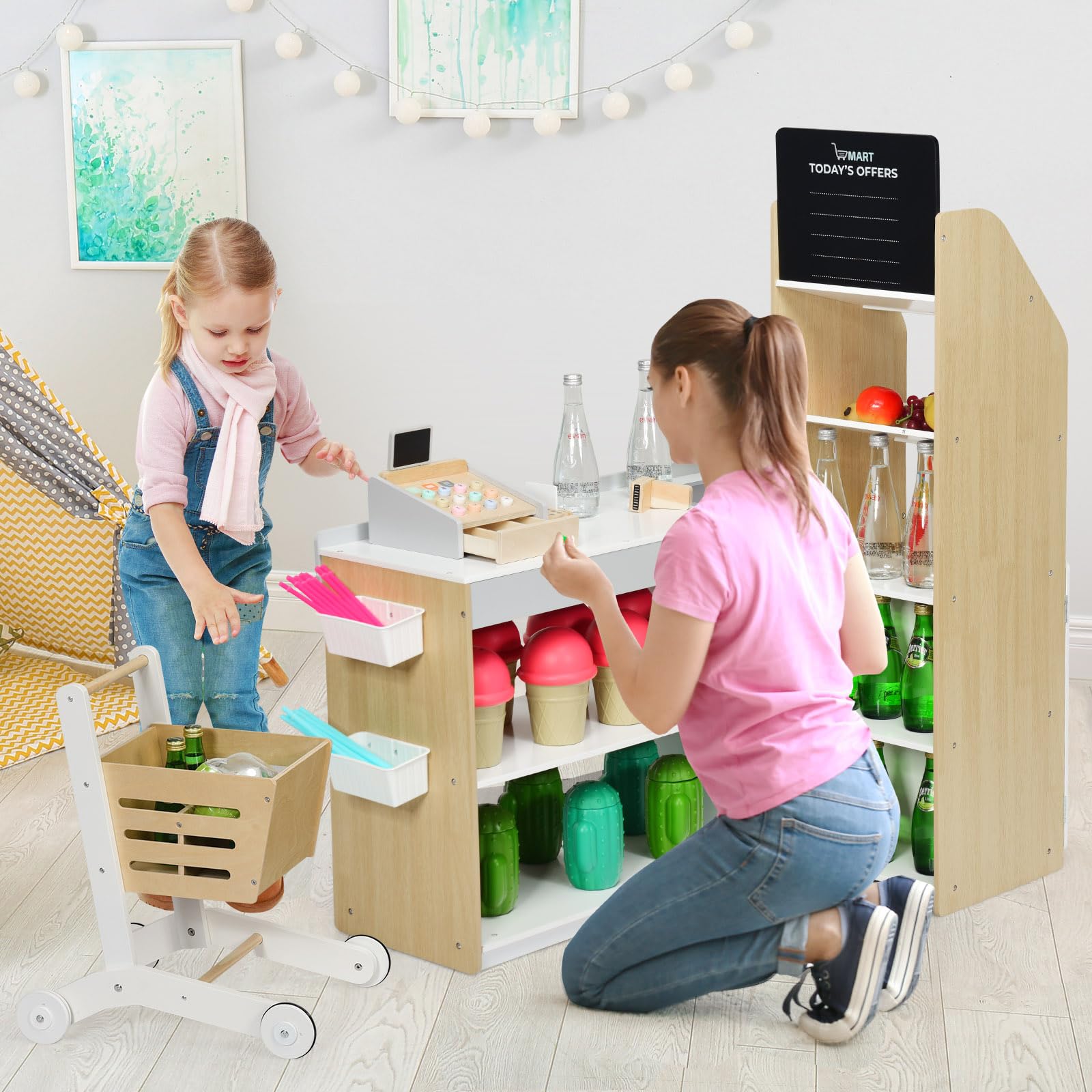 GLACER Wooden Kids Grocery Store Pretend Play Set with Cash Register, Shopping Cart, Blackboard & Play Coins - Educational Toy for Toddlers 3+ Years - Perfect Gift for Boys & Girls - Pretend Shopping Game for Preschool Learning & Role Play Fun