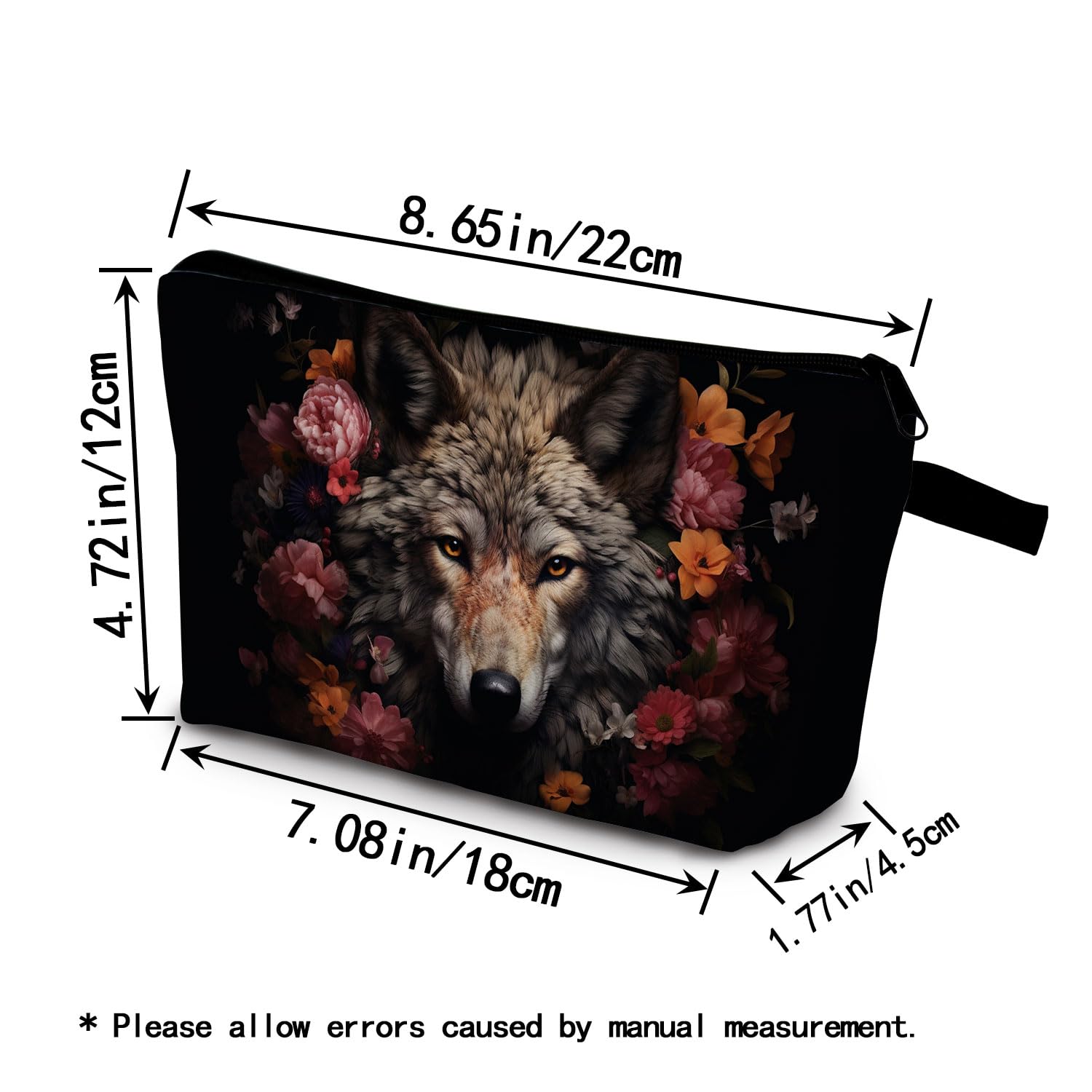Floral Wolf Print Makeup Bag - Cute Small Zippered Cosmetic Organizer for Women | Perfect Birthday Gift for Wolf Lovers | Great for Travel, Gym & Daily Beauty Essentials