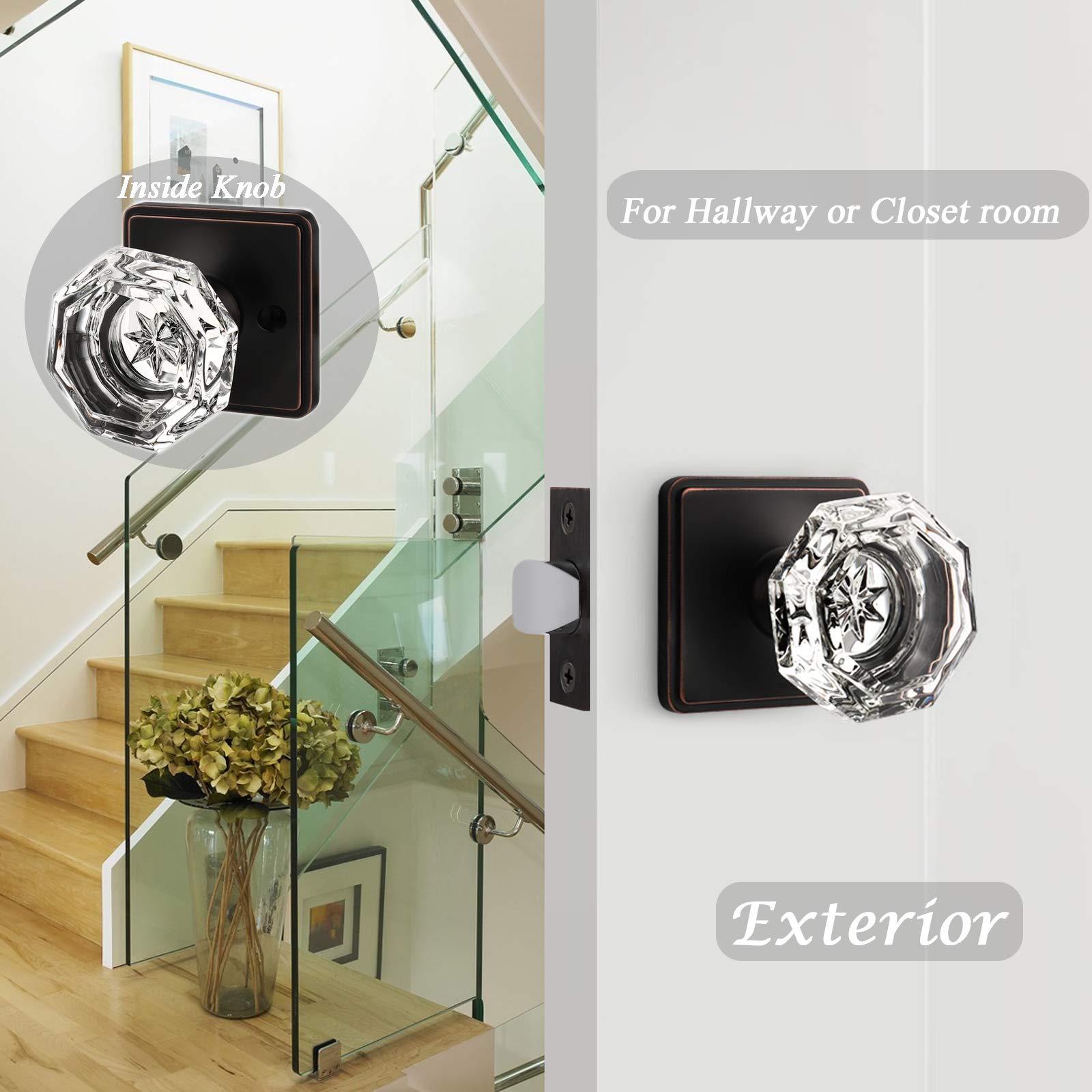 10 Pack Clear Crystal Glass Door Knobs - Oil Rubbed Bronze Finish, Square Back Plate, Keyless Non-Locking Interior Door Handles for Hallway, Closet & Bedroom Doors | Durable & Stylish Home Hardware Upgrade