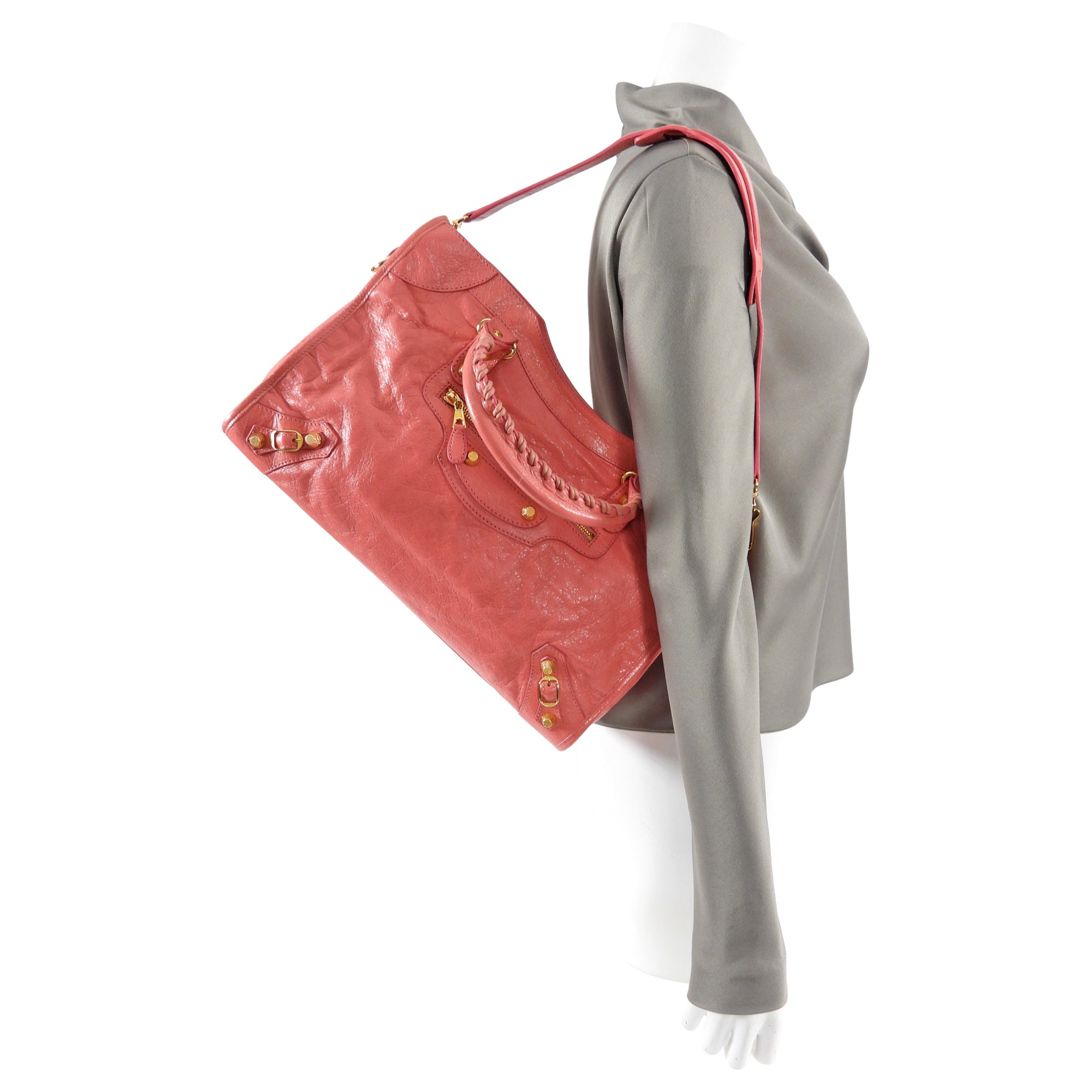 Balenciaga Classic City Medium Lampskin Leather Handbag in Salmon Pink with Gold Hardware - Perfect for Women's Everyday Use, Work, and Evening Out