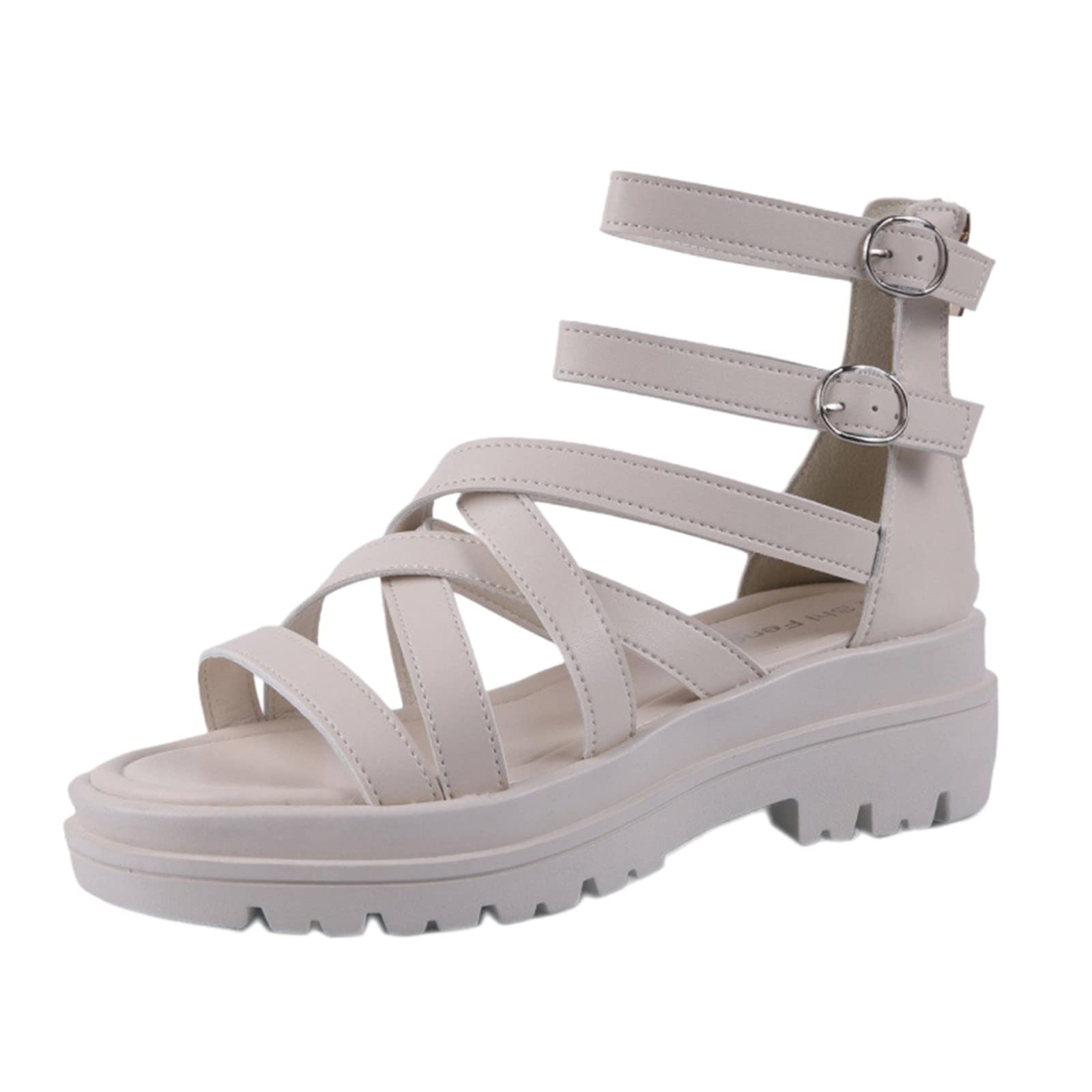 Women's Navy Roman Sandals - Soft Summer Casual Peep Toe Beach Sandals for Women (Size 7.5, Beige) | Comfortable Fashion Footwear for Spring, Summer & Vacation Wear