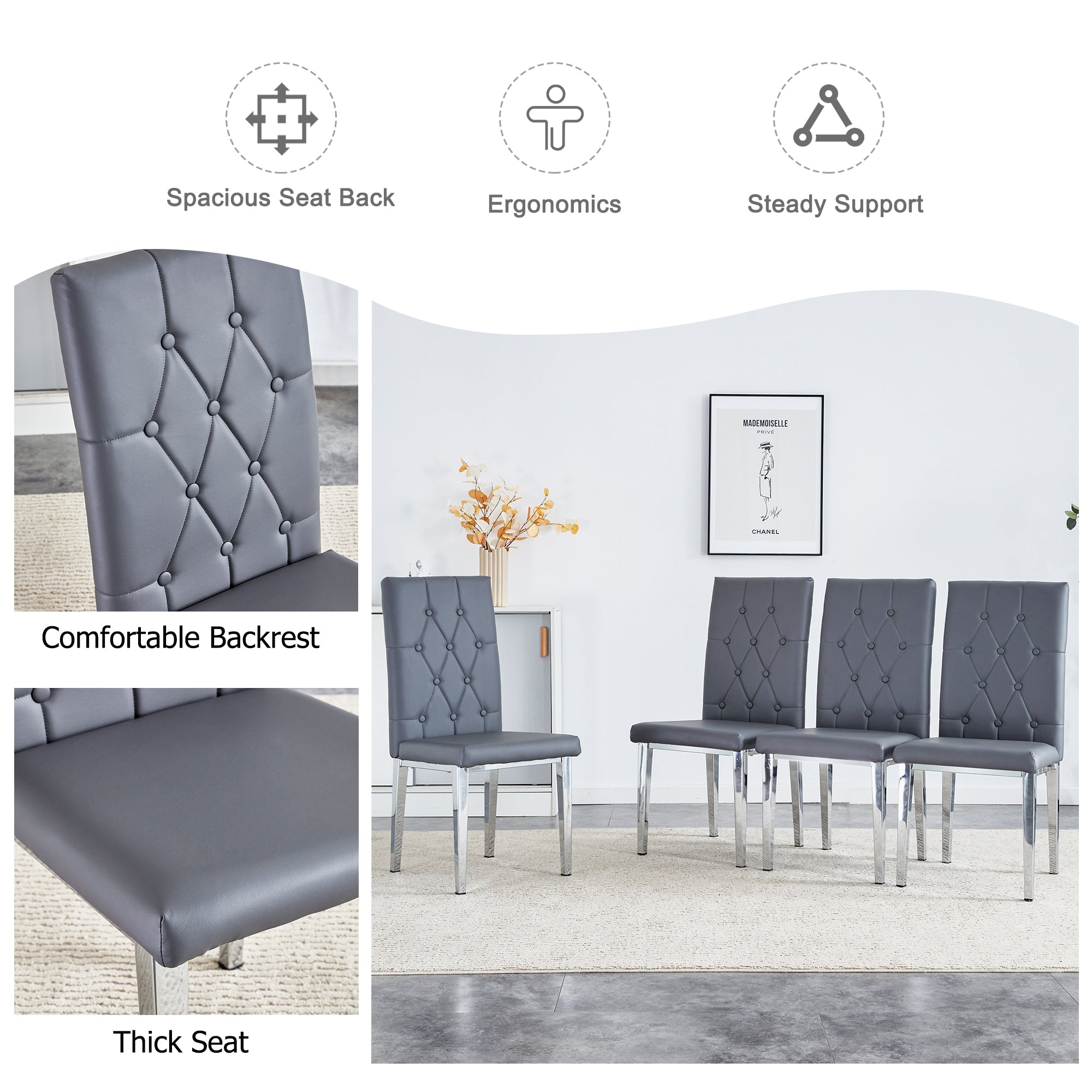 2-Piece Gray Armless Dining Chair Set - Elegant & Mysterious Deep Gray Tone with Vintage Grid & Buckle Back Design - Perfect for Modern Dining Rooms, Kitchens, and Small Spaces