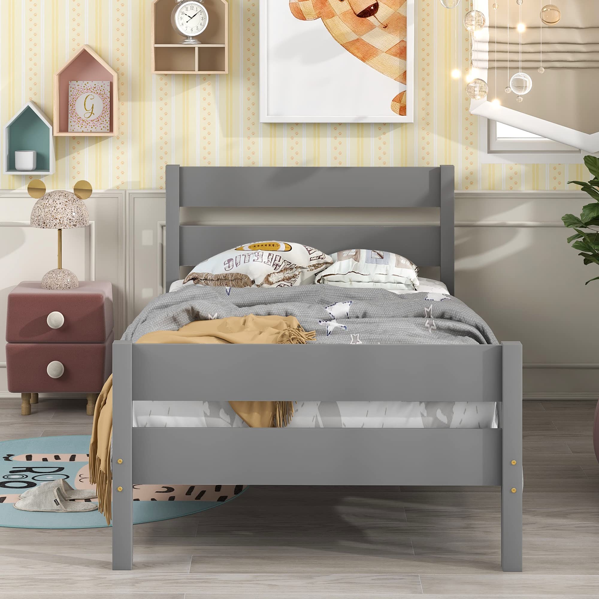 Merax Solid Wood Twin Bed Frame with Headboard & Footboard, Sturdy Slat Support Platform Bed for Kids & Teens - No Box Spring Needed (Twin Size, Grey) - Perfect for Small Bedrooms, Guest Rooms & Dormitories