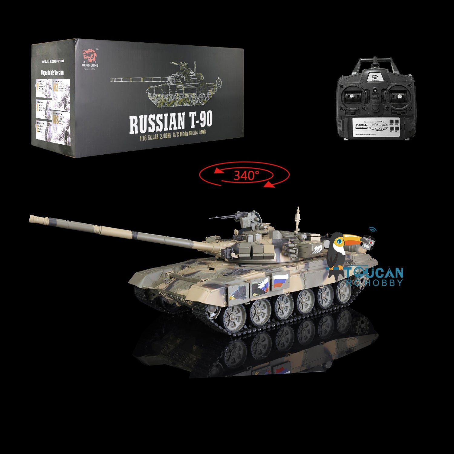 2.4GHz Henglong 1:16 Scale Russian T90 RTR RC Tank - 7.0 Plastic Version with 340 Turret, Radio Controller & Speaker | Perfect for Military Enthusiasts, Collectors & Outdoor RC Battles