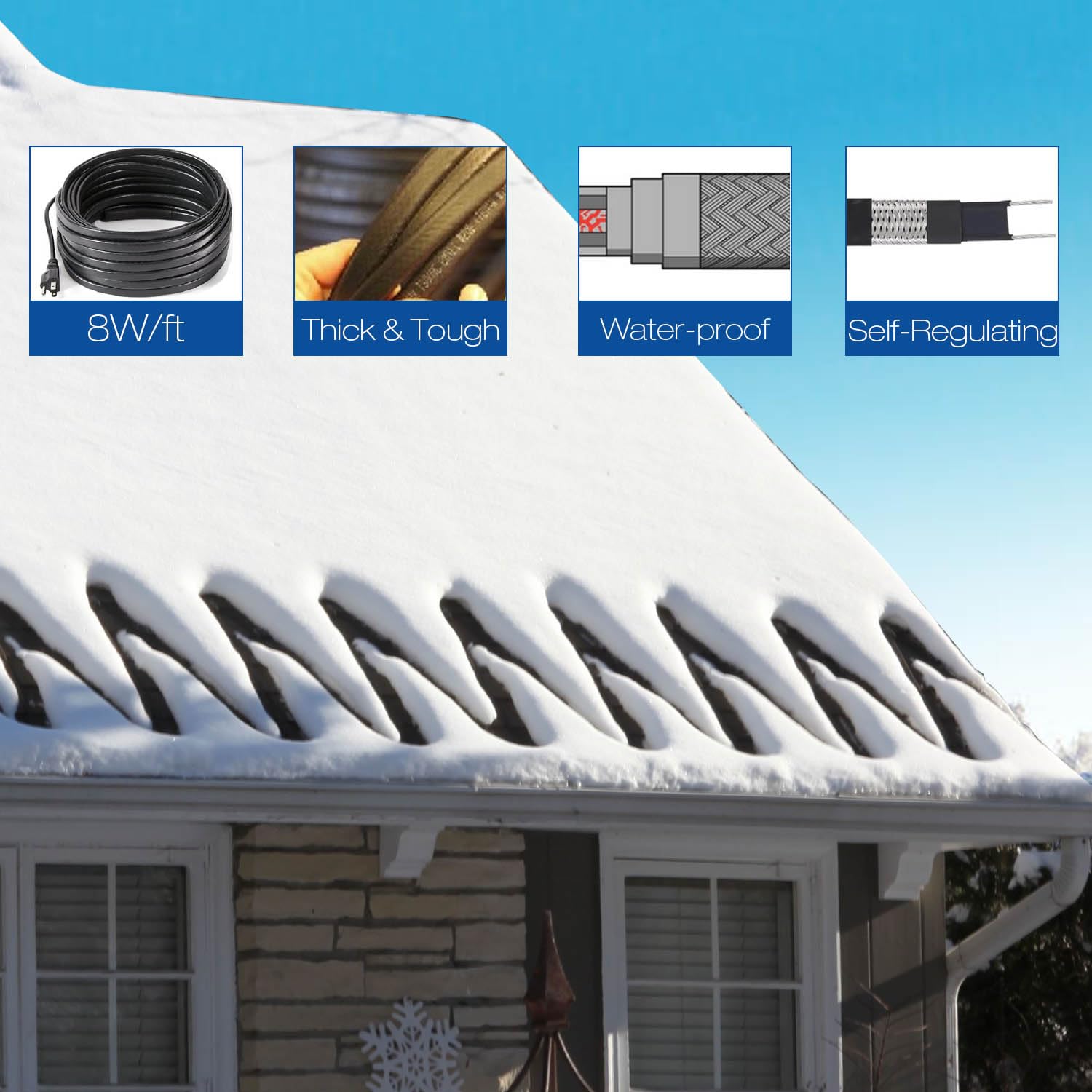 Self-Regulating Roof Heat Cable & Snow De-Icing Kit - 8W/ft, 60ft Plug-in Ready Heat Tape for Roof & Gutters - Prevent Ice Dams & Winter Roof Damage - Perfect for Cold Climates, Snowy Regions & Home Winterization