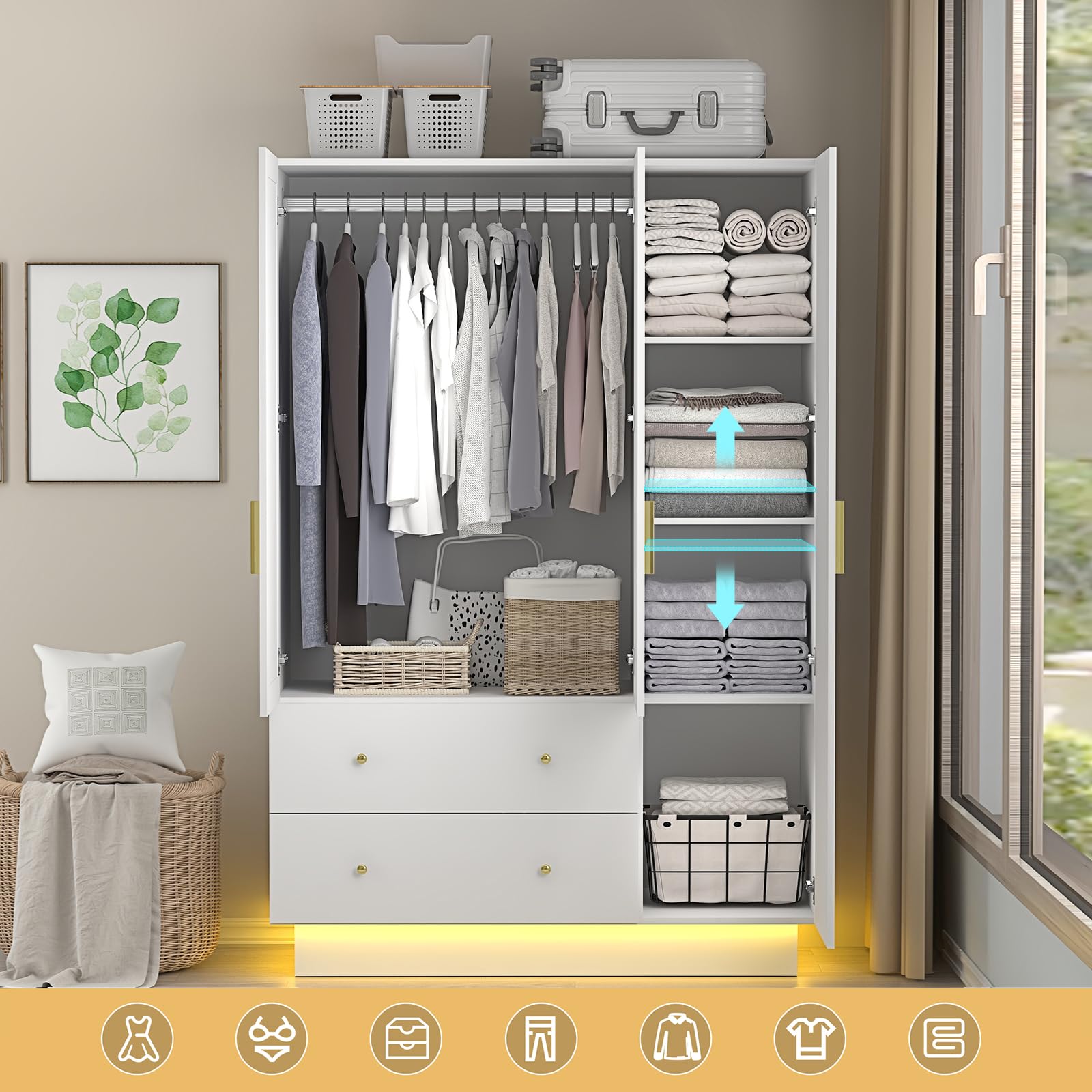 3-Door Armoire Wardrobe Closet with Full-Length Mirror & LED Lighting - Wooden Storage Cabinet with Hanging Rod, Adjustable Shelves & Drawers - White - Perfect for Bedroom, Closet Organization & Home Storage Solutions