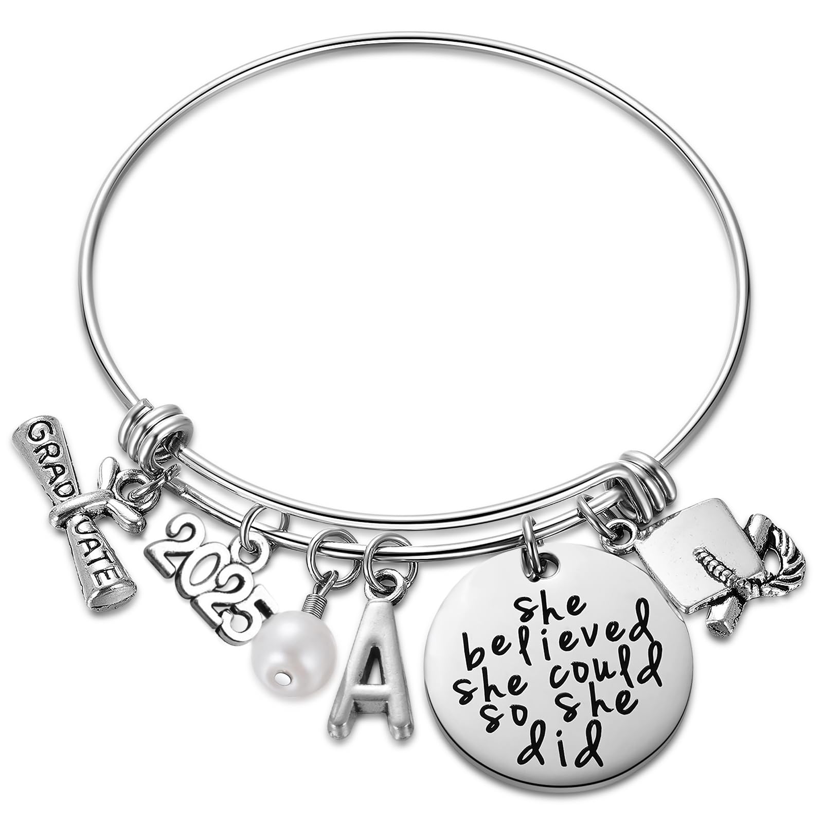 Ukodnus Class of 2025 Graduation Bracelet - Personalized 26 Initial Charm Bracelet for High School & College Seniors - Inspirational Graduation Gift for Women - Perfect for Graduation Ceremonies, Parties & Keepsakes