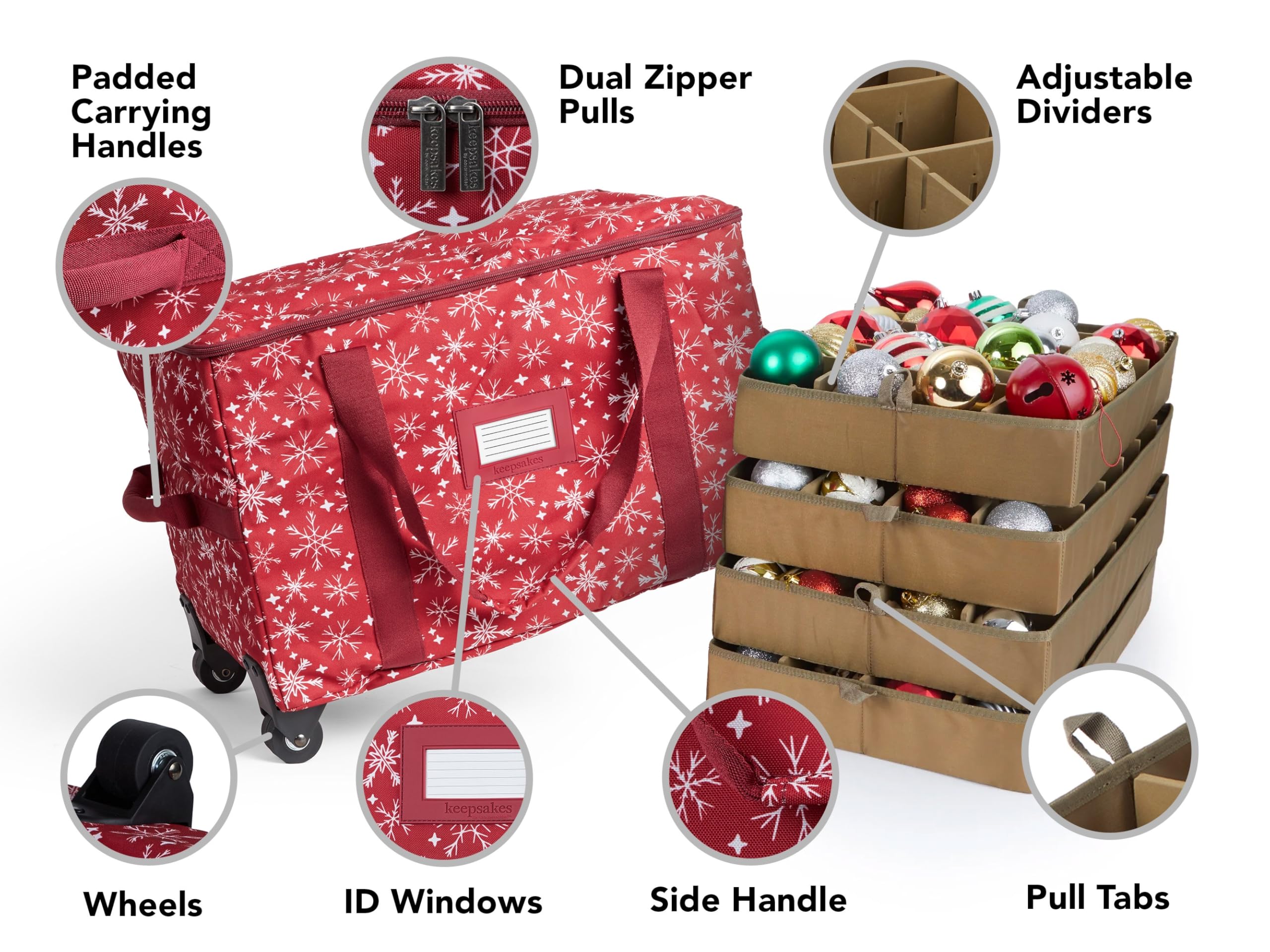 Covermates Keepsakes Rolling Adjustable Ornament Storage Bag with Carrying Handles - Padded Protection & Dual Wheels for Holiday Decorations - Red Snowflake Design - Perfect for Christmas Tree Ornament Storage and Seasonal Decoration Organization