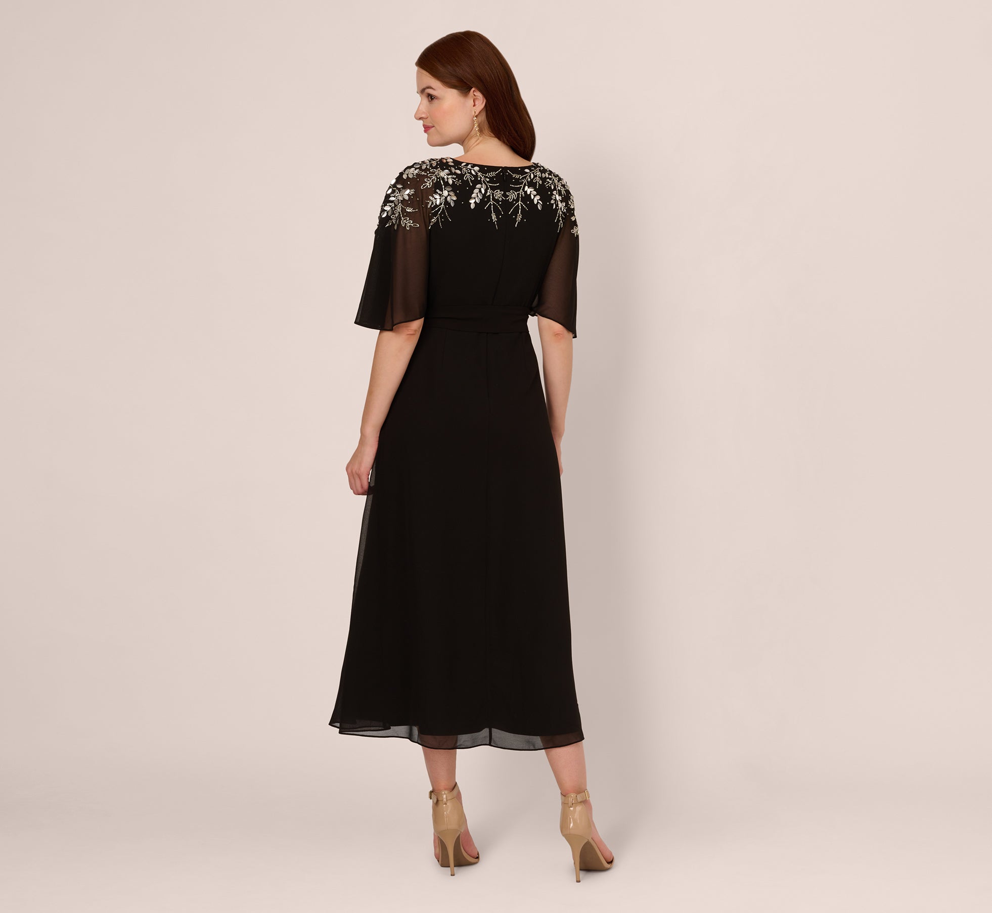 Elegant Black Beaded Chiffon Ankle-Length Evening Gown with Dolman Sleeves - Perfect for Weddings, Prom & Formal Events