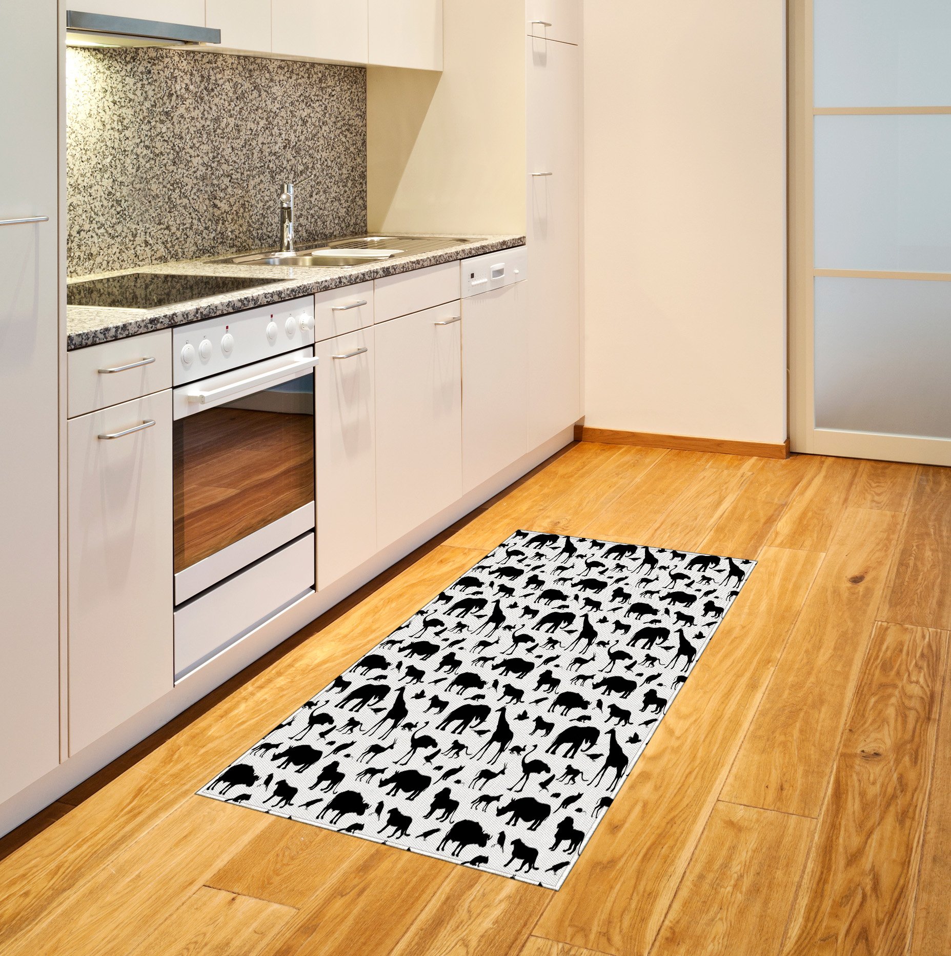 Lunarable Wildlife Habitat Silhouette Area Rug - Black and White Flat Woven Accent Rug with Giraffe & Elephant Design, 2'6