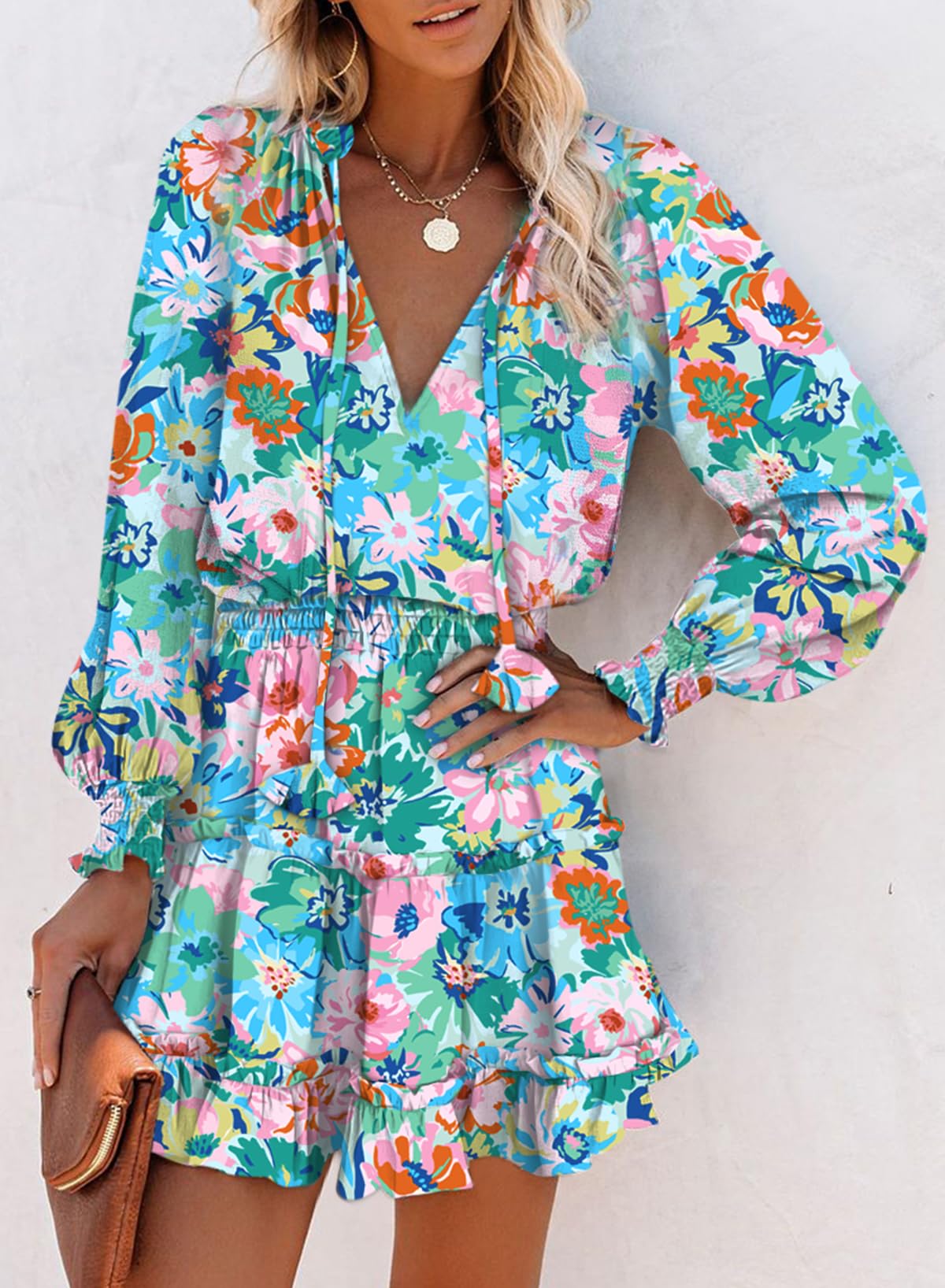 Dokotoo 2025 Spring Boho Floral Dress - V Neck Smocked Long Sleeve Ruffle Tiered Chiffon Mini Dress for Women | Perfect for Garden Parties, Date Nights & Spring Vacations