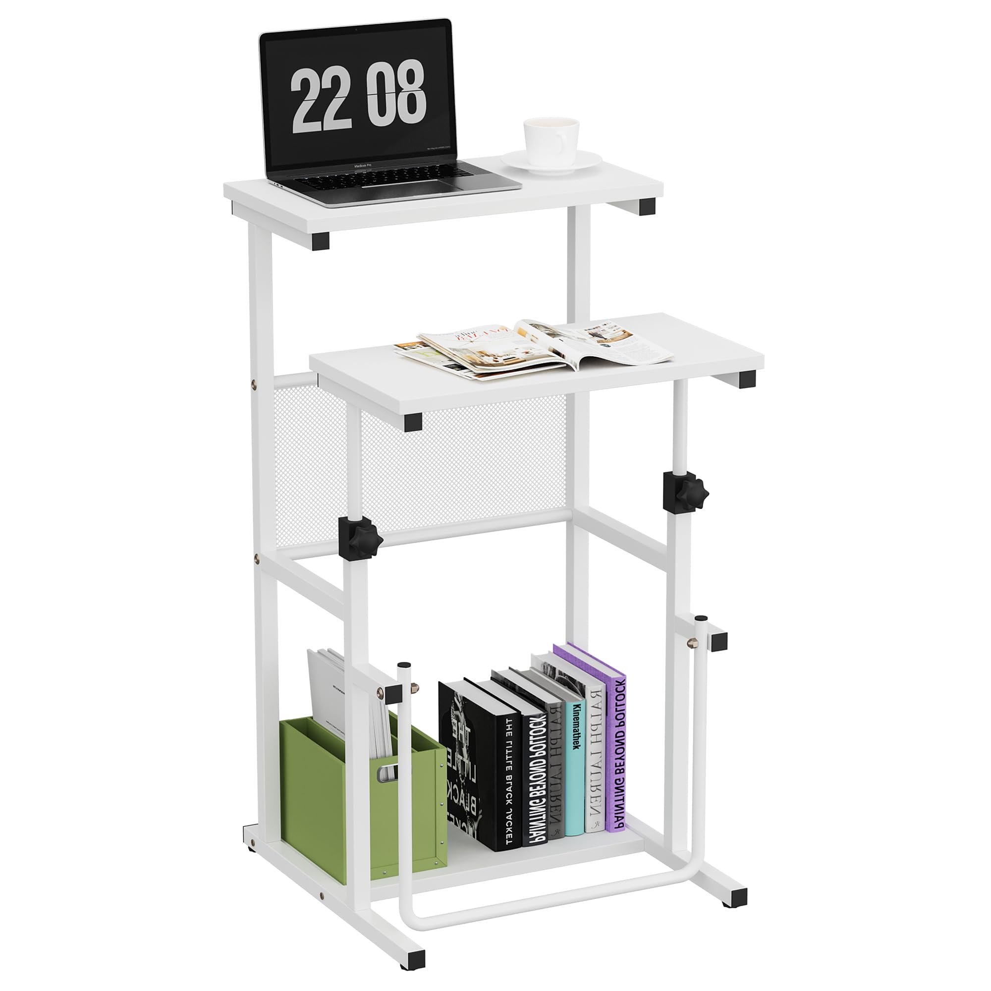 Shintenchi Adjustable Height Rolling Laptop Cart - Portable Mobile Podium Stand with Swivel Top & Edge Stopper, Brown - Ideal for Home Office, Classroom, and Conference Room Use