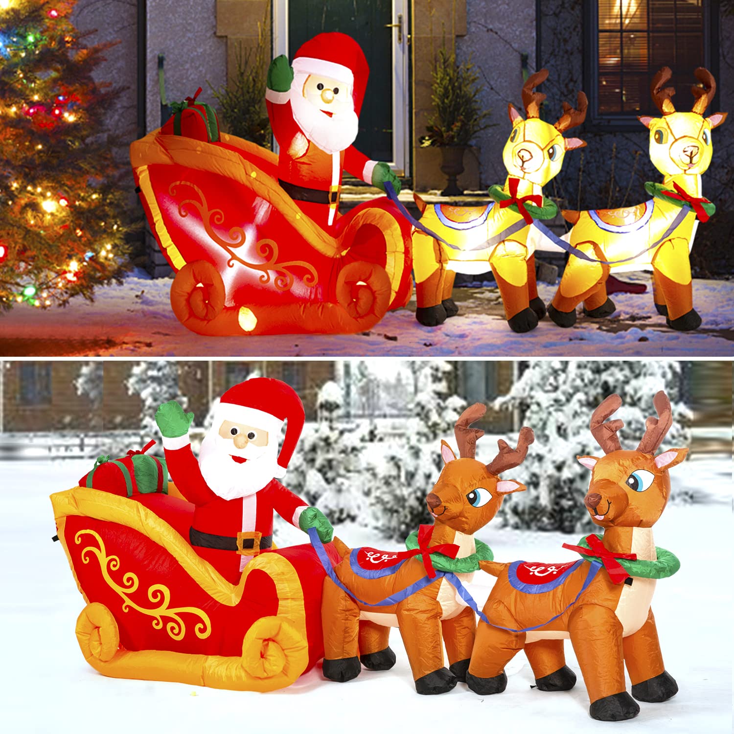 8Ft Inflatable Santa Claus on Sleigh with 2 Reindeers - LED Lighted Christmas Yard Decoration for Indoor Outdoor Use - Perfect for Xmas Party, Garden, Lawn & Holiday Festivities