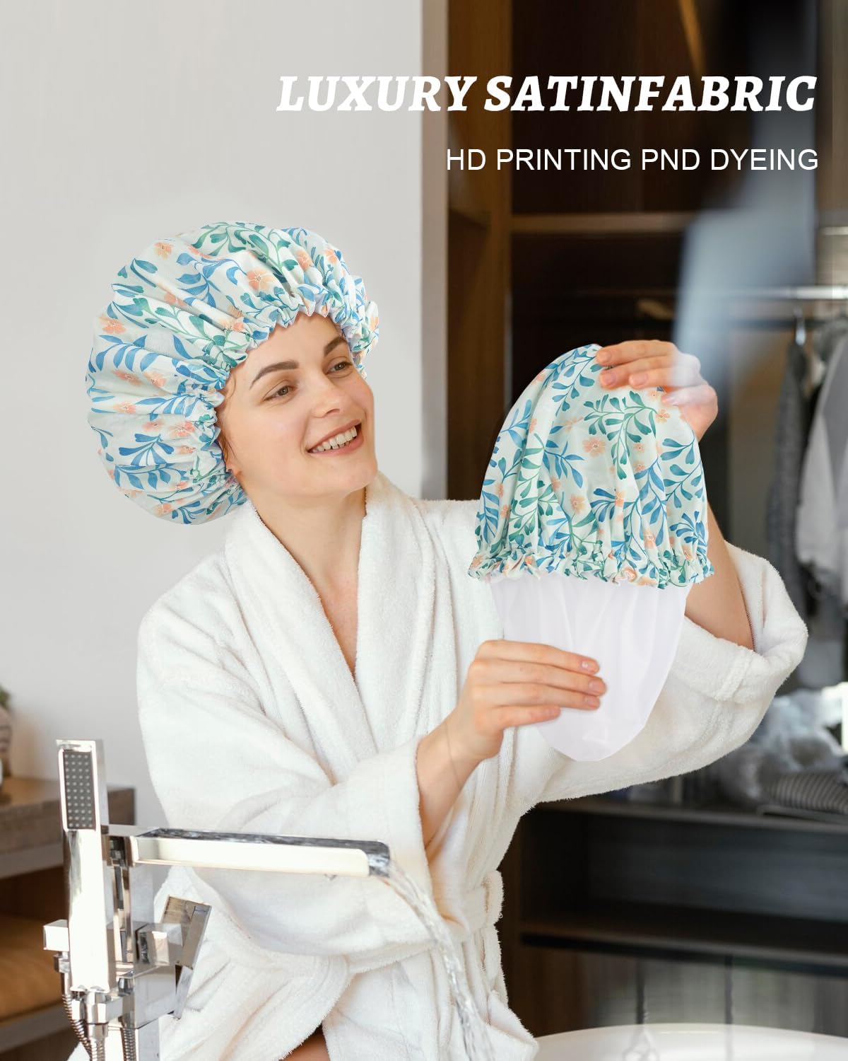 Waterproof Shower Caps for Women - Double Layer Reusable Bath Cap with EVA Lining for All Hair Lengths | Soft & Large Shower Cap for Swimming, Spa, Hair Care & Travel