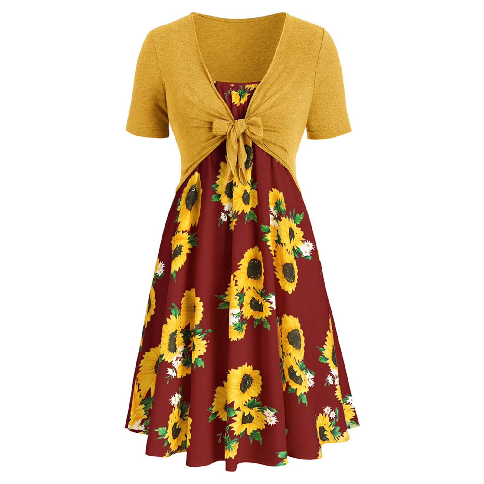 **Women's Summer Casual Two-Piece Outfit with Bowknot Bandage Top & Sunflower Print - Plus Size Dresses for Beach, Vacation & Outdoor Activities**