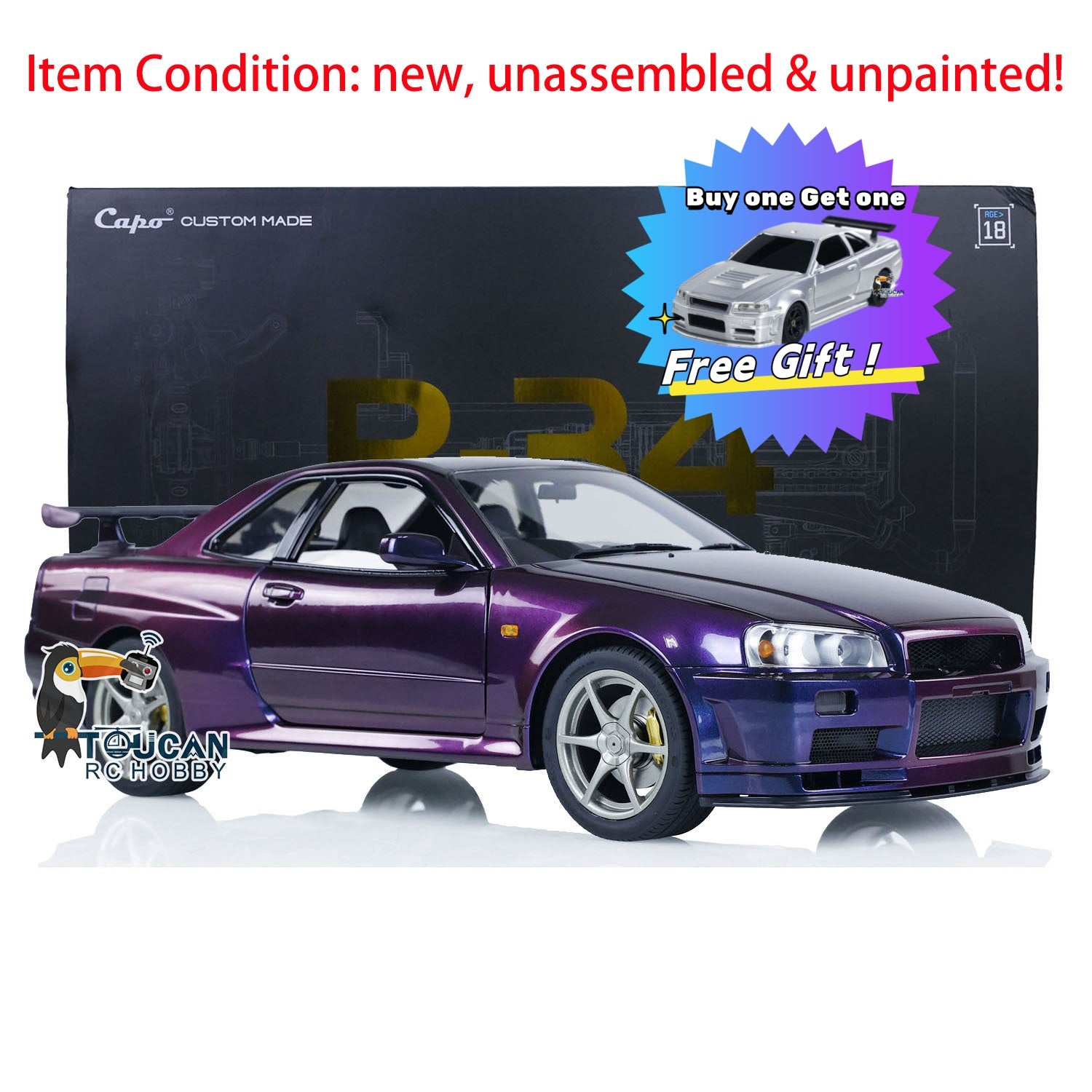 1/8 Scale Unassembled Metallic R34 RC Racing Car Kit - DIY Remote Control Drift Vehicle Parts for Hobbyists & Collectors | Perfect for Drift Racing, RC Car Shows & Model Building Projects