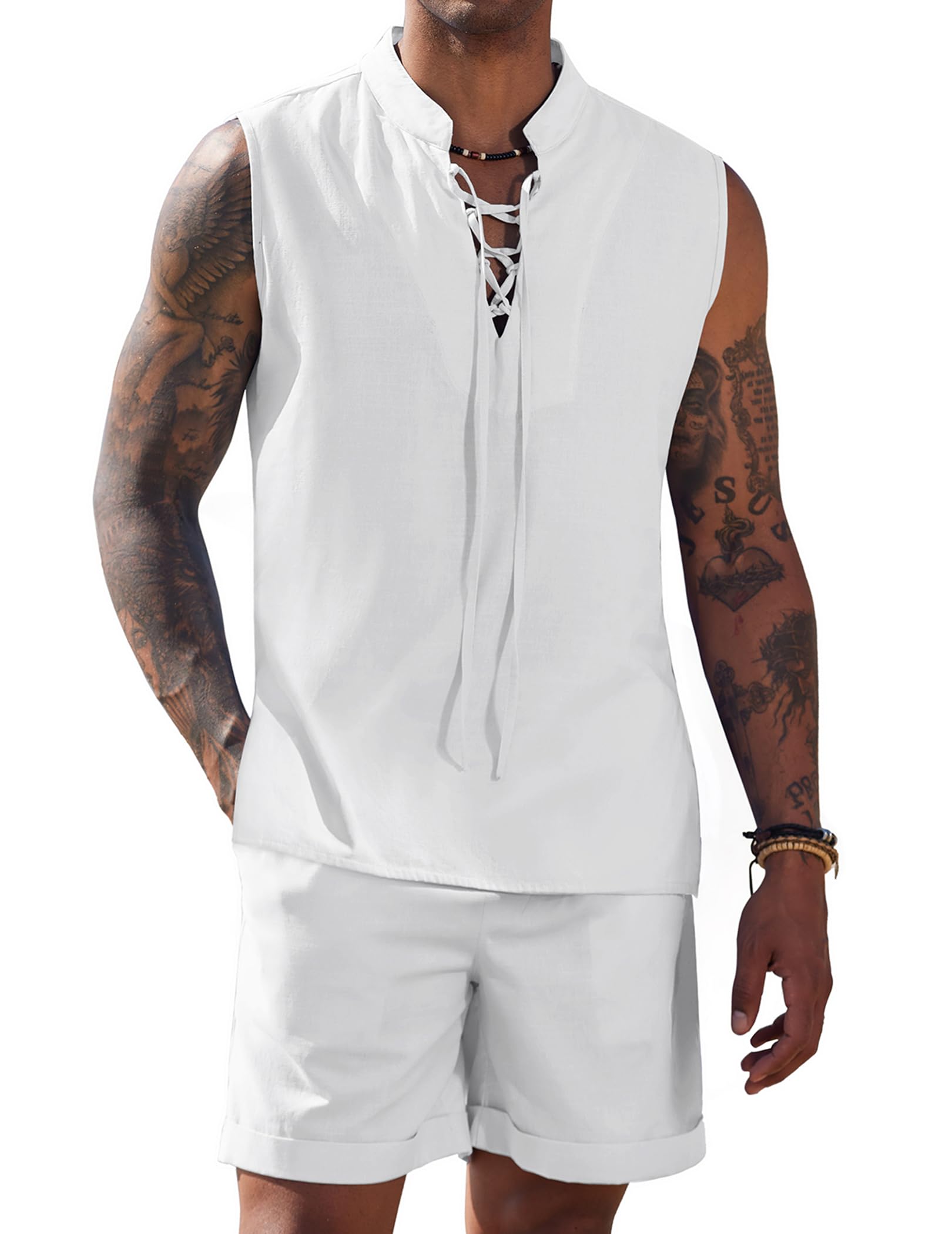 COOFANDY Men's 2-Piece Linen Outfit - Breathable Lace-Up Hippie Tank Top & Matching Shorts Set for Beach, Summer & Casual Wear | Lightweight Sleeveless Shirts for Vacation, Music Festivals & Boho Style