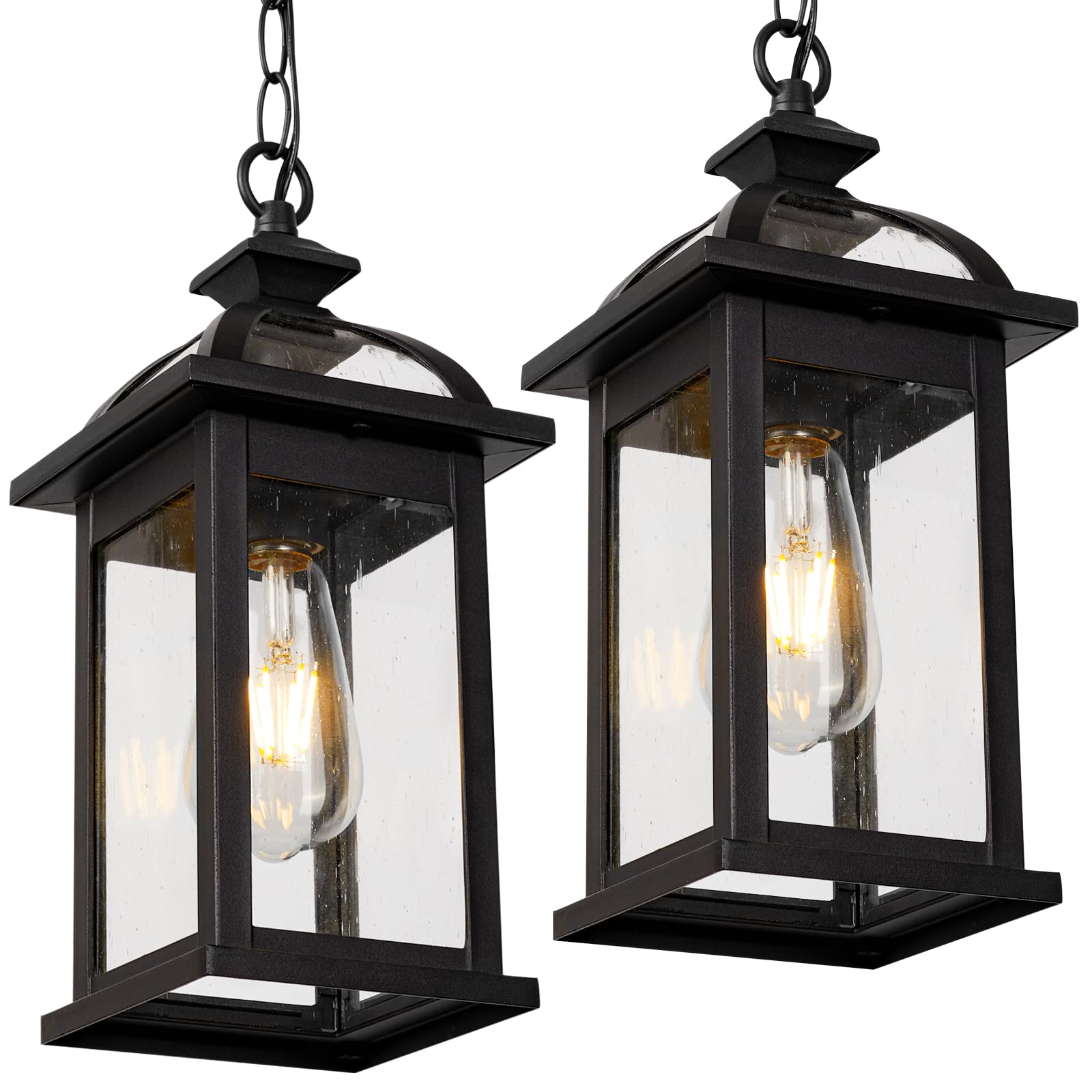 Darkaway Outdoor Pendant Light Fixture - 2 Pack Black Aluminum Hanging Lantern with Glass Shade for Porch, Patio, Entryway - Weatherproof Exterior Lighting for Home & Garden Decor