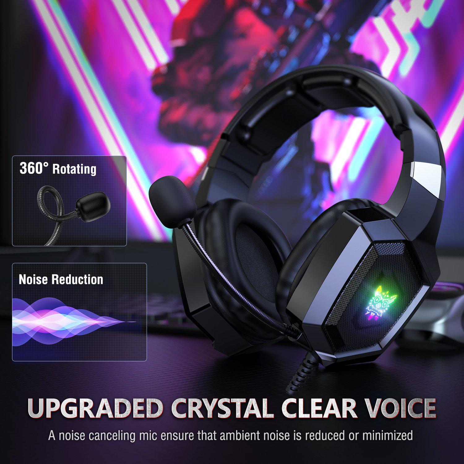 ONIKUMA K8 Wired Stereo Gaming Headset with Microphone & RGB LED Lights - Noise Cancelling Over-Ear Headphones for PC, PS4, Xbox, Nintendo Switch Gaming & Streaming