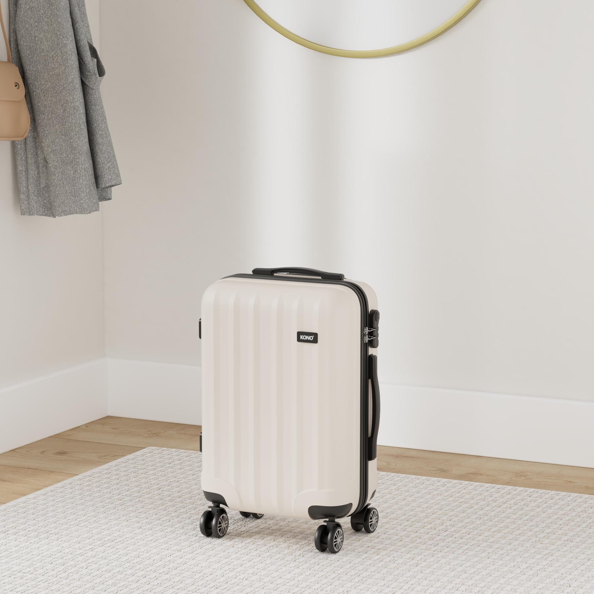 Kono 20 Inch Carry-On Luggage - Ultra Lightweight ABS Hard Shell Cabin Suitcase with 360° Spinner Wheels, TSA Lock & Expandable Design (Beige) - Perfect for Business Travel, Weekend Getaways & Airplane Cabin Use
