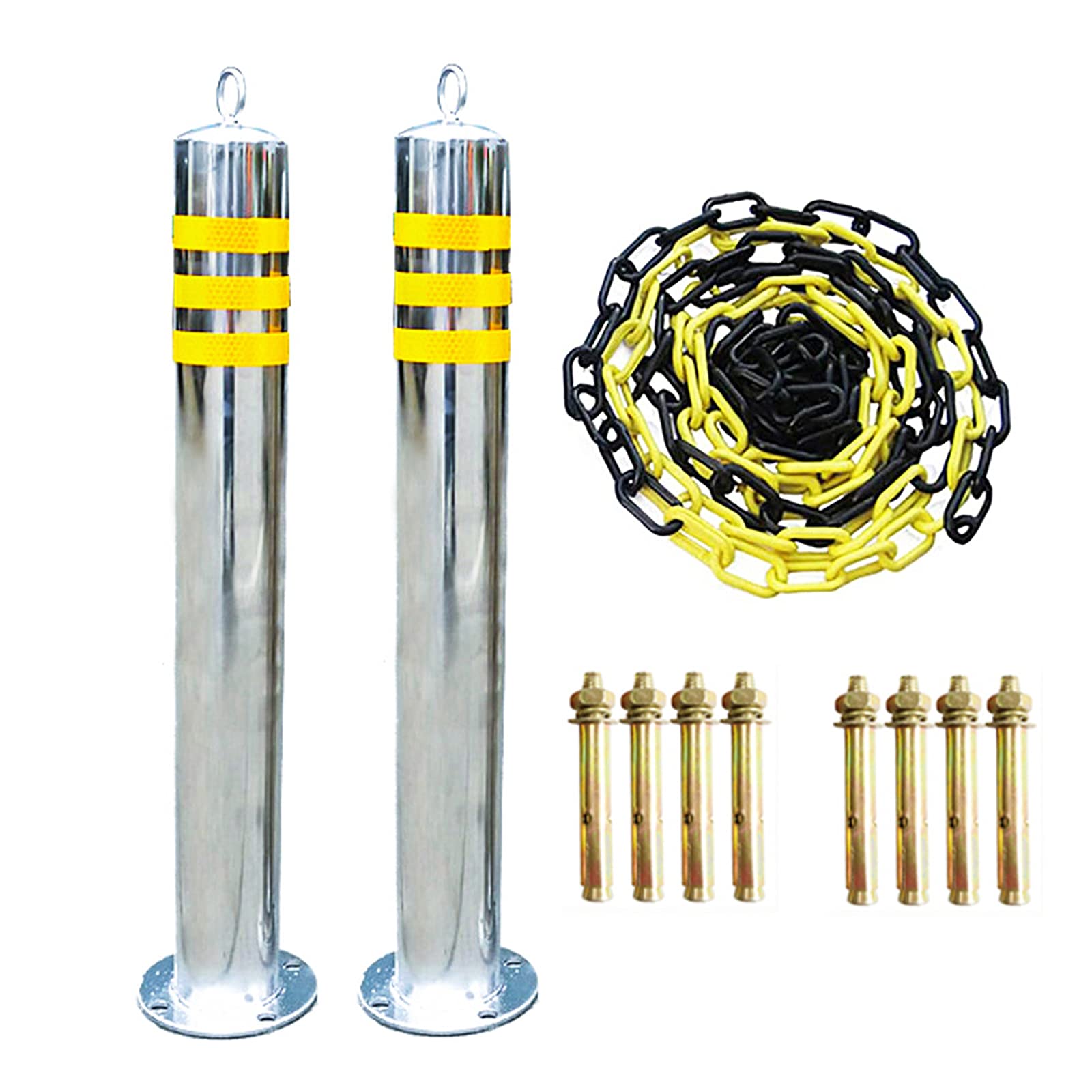 2 Pack Reflective Parking Barriers with Chain - 800x76mm Bollard Posts & Safety Cones for Garage, Private Driveway, Street Parking - Durable Traffic Control for Home & Business Security