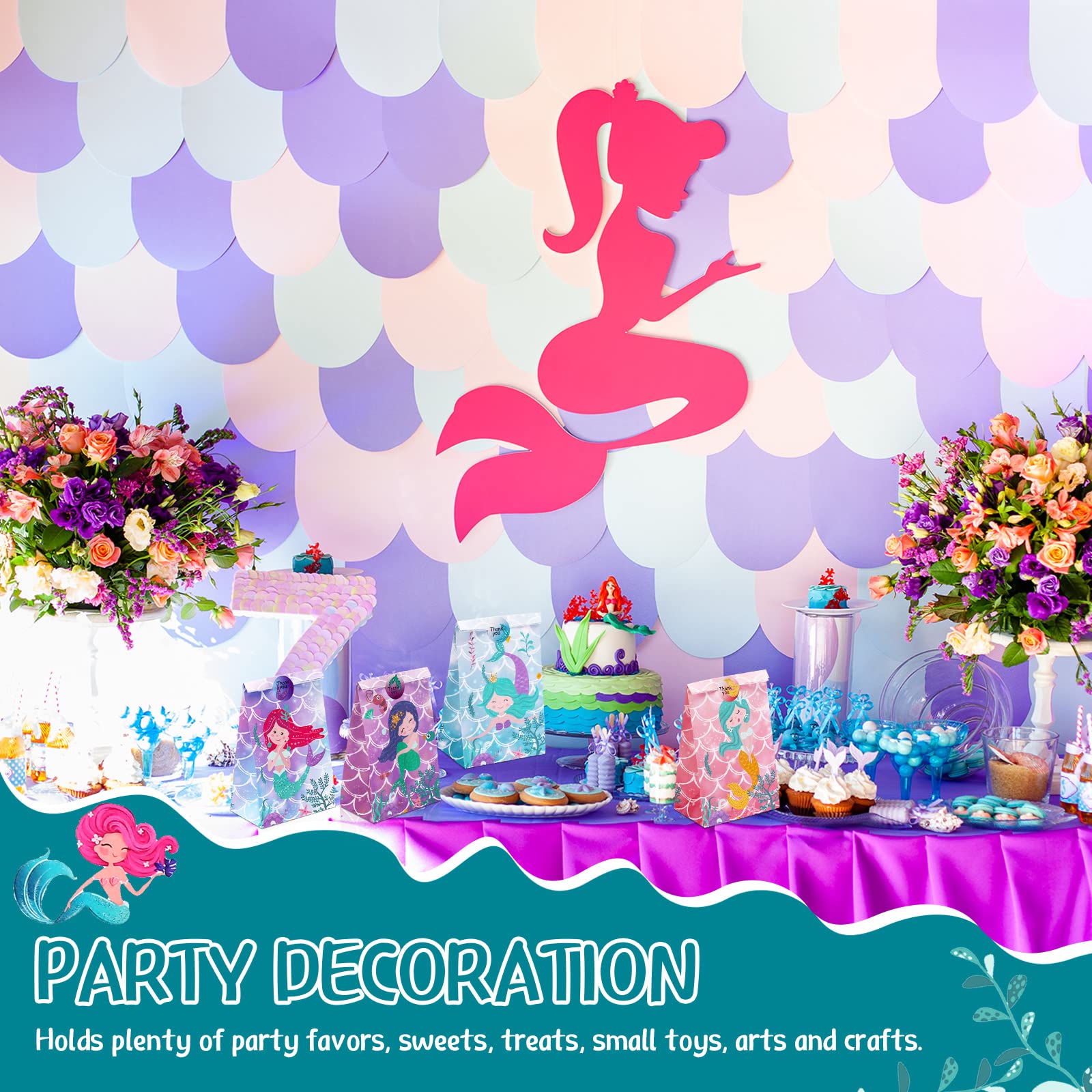 24 Pack Mermaid Party Favor Gift Bags for Girls - Mermaid Themed Birthday Party Supplies with Stickers - Perfect for Kids Birthday Parties, Baby Showers & Mermaid Decorations