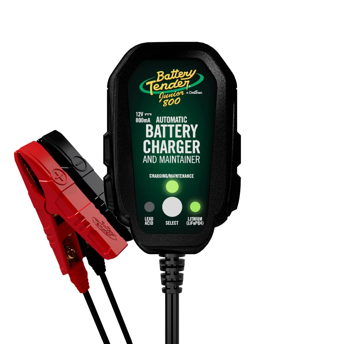 Battery Tender Junior 12V 800mA Smart Battery Charger & Maintainer for Lead Acid & Lithium Batteries - Automatic Switchable Charger for Motorcycle, ATV, Boat & Powersports - 022-0199-DL-WH - Perfect for Winter Storage & Seasonal Vehicle Maintenance