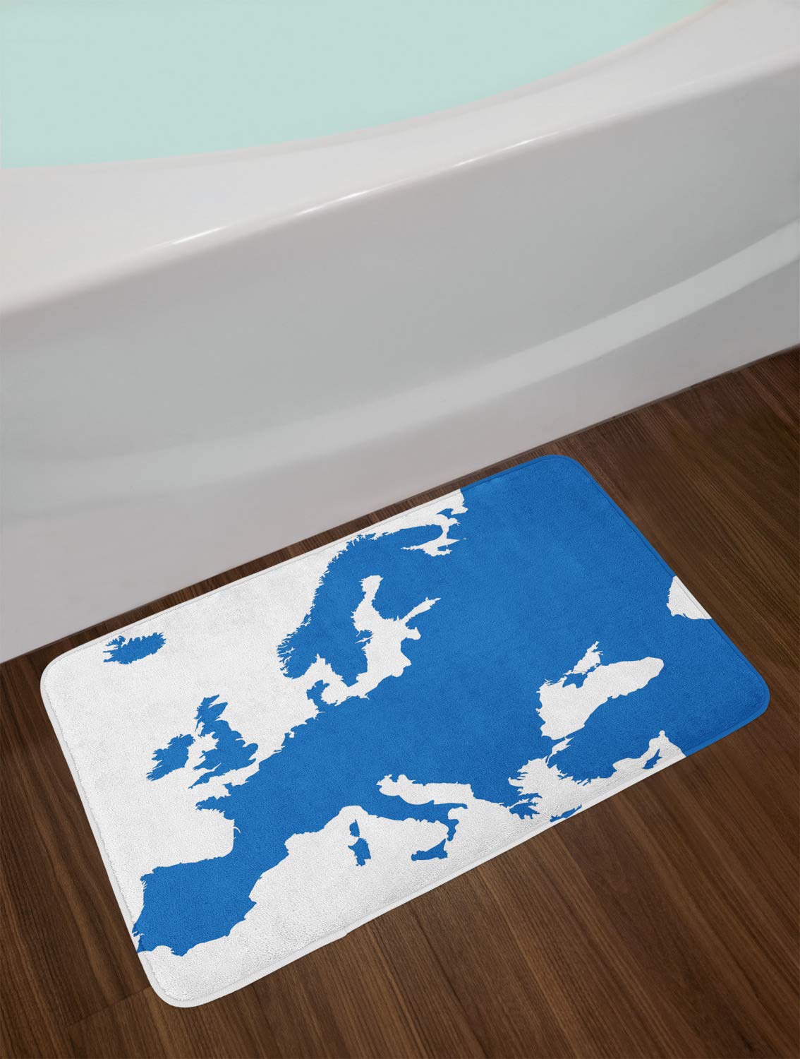 Ambesonne Non-Slip Bath Mat - European Map Design in Sea Blue & White, 30.2x20 Inch Plush Bathroom Rug | Water Absorbent, Soft & Durable for Bathroom, Shower, Spa Decor