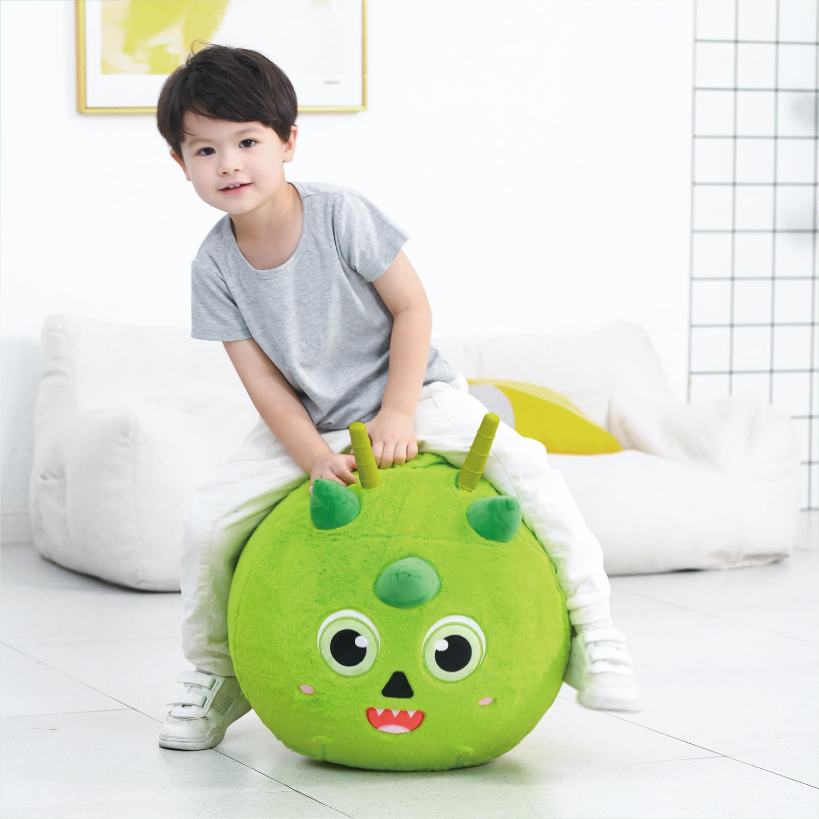 Dinosaur Plush Hopper Ball for Kids - 20in Bouncy Jumping Ball with Handles | Outdoor Play Toy for Ages 5-9 | Birthday Gift for Boys & Girls (Includes Pump) - Perfect for Backyard Fun, Playground Activities & Indoor Exercise